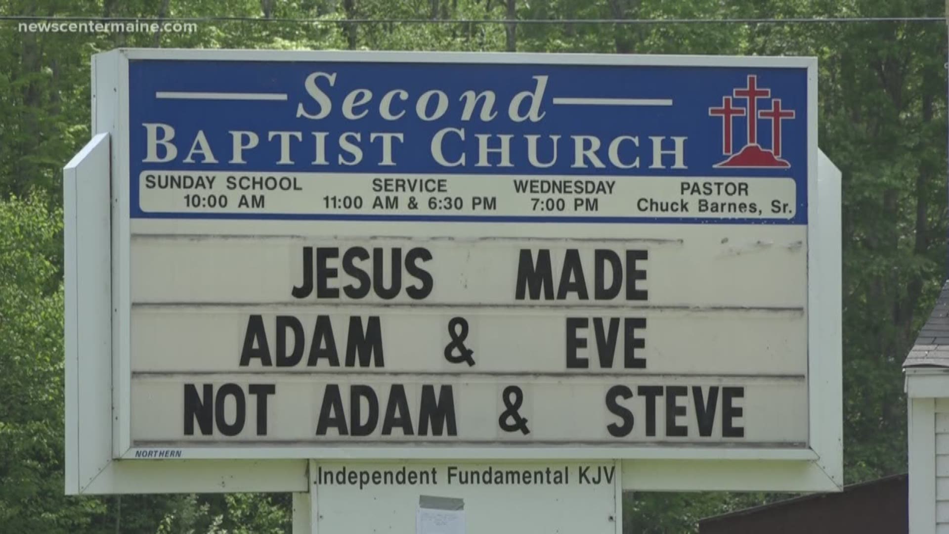 The sign at Second Baptist Church in Palermo reads 'Jesus made Adam & Eve, not Adam & Steve'.