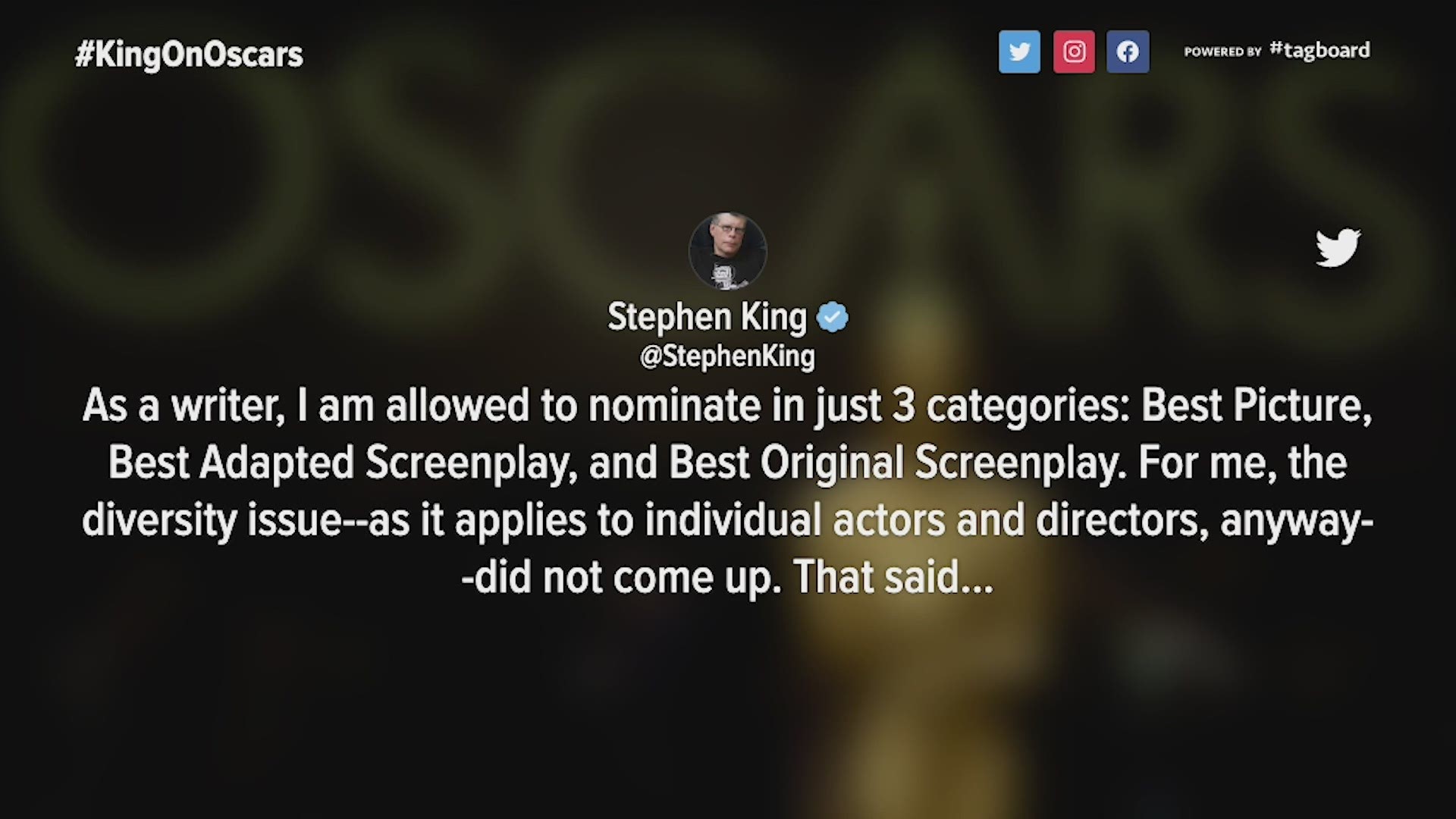 The entertainment community took to Twitter discussing the lack of diversity in Oscar nominations. Horror author Stephen King had a unique take on Twitter Tuesday