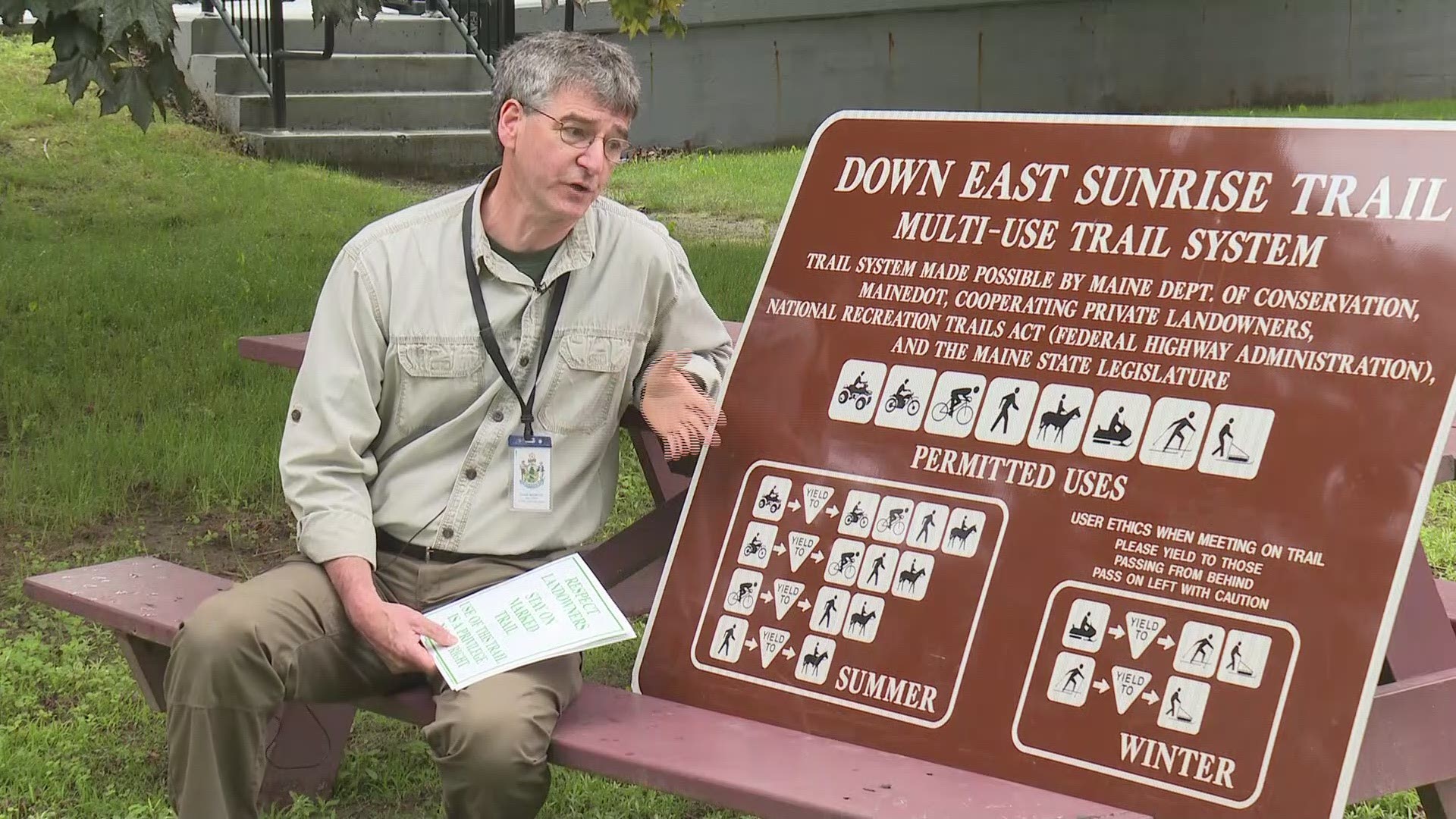 Brian Bronson, the supervisor of the ATV program Maine Bureau of Parks and Lands explains m,ulti-use signs in State Parks.
