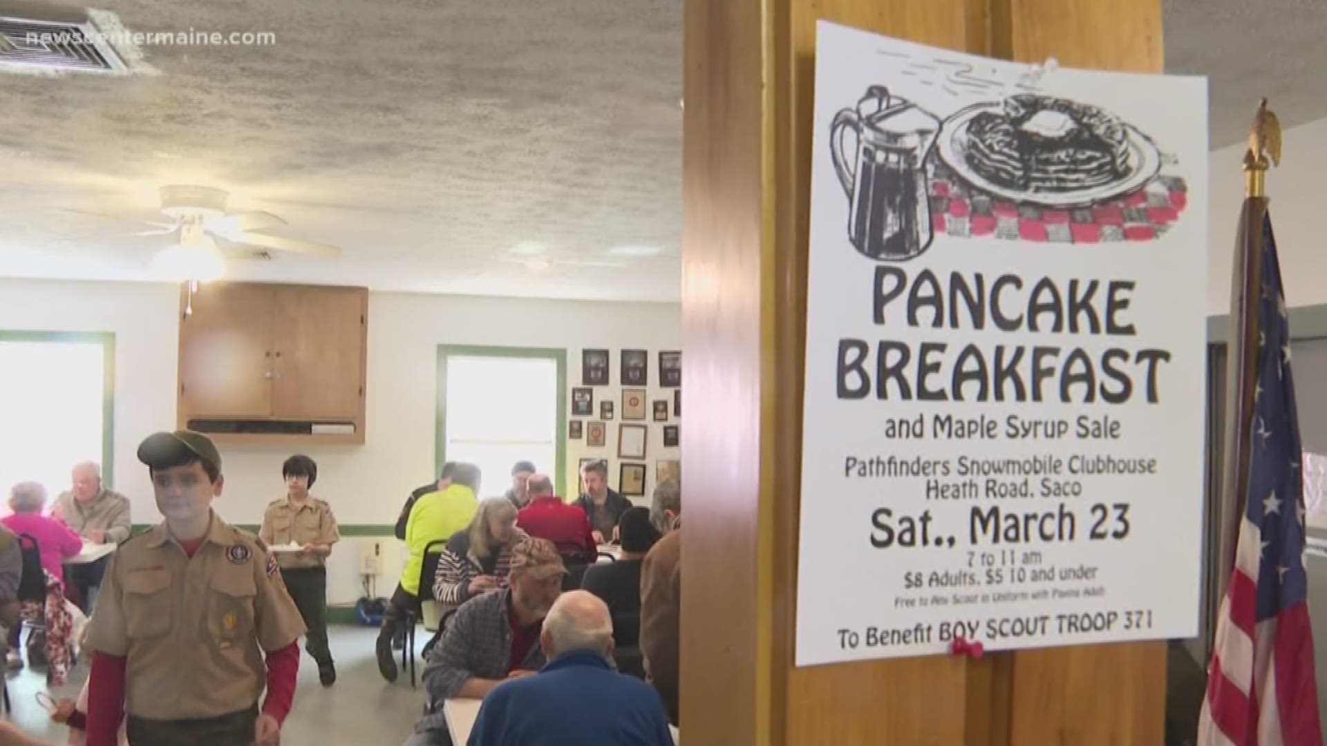 Boy Scouts serve pancake breakfast for Maine maple Sunday.