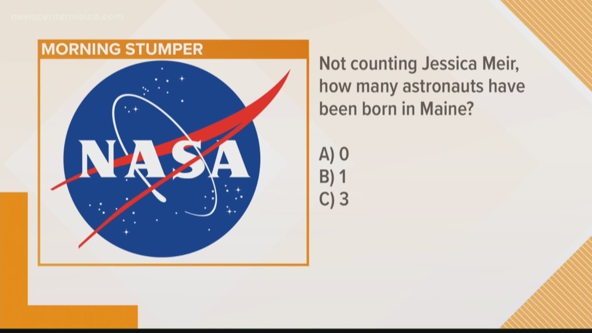 For today's stumper we asked: Not counting Jessica Meir, who we will talk about in just a minute. How many astronauts have been born in Maine?