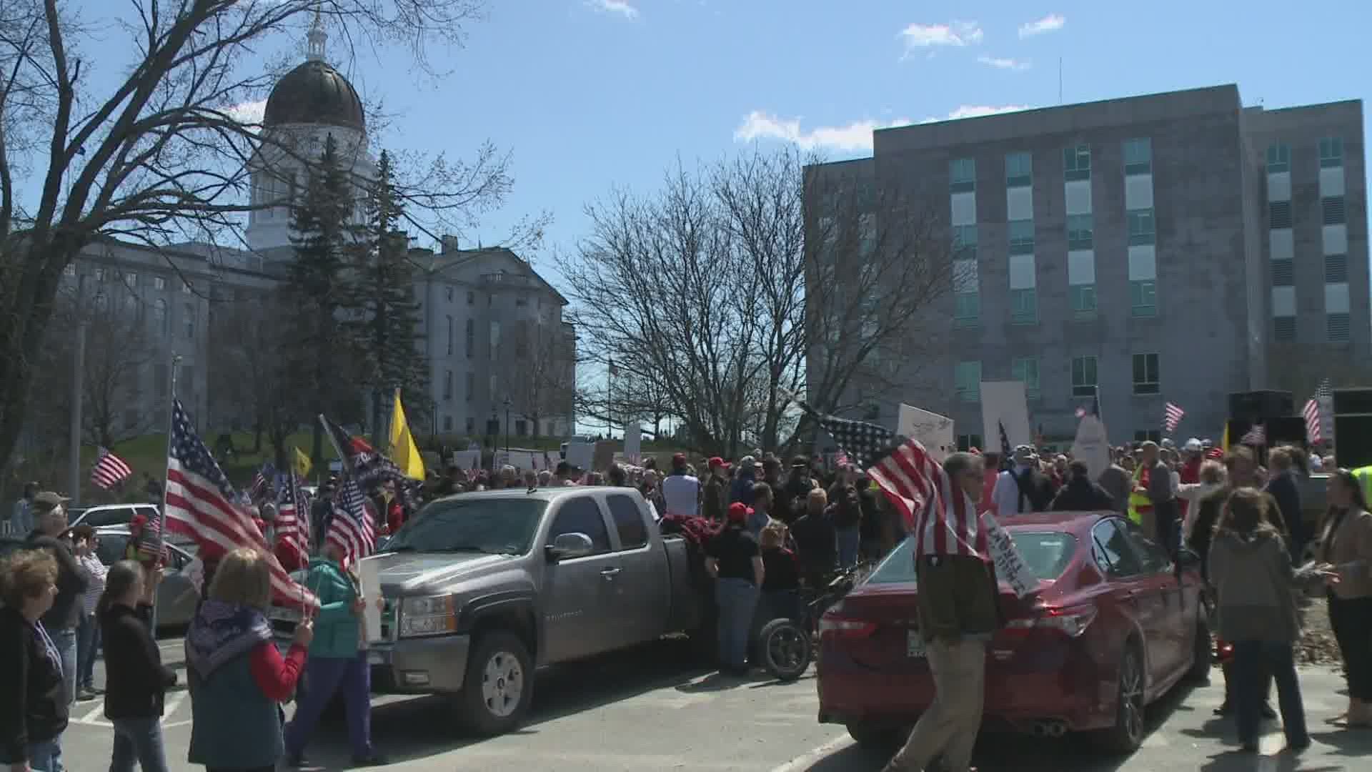 Protesters gathered in Augusta, urging Governor Mills to end the stay-at-home order and re-open Maine's economy.