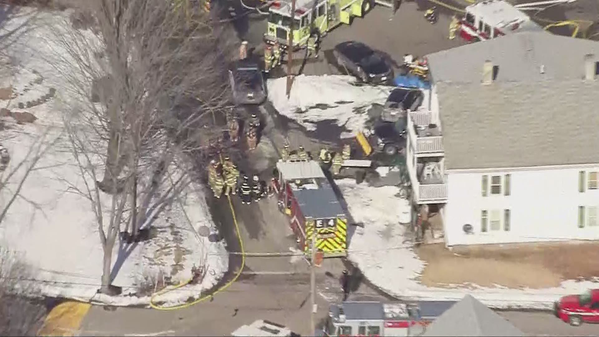 Aerial view of an apartment building in Berwick where five firefighters were injured Friday morning.
