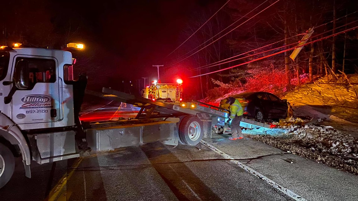 Livermore Falls car crash splits telephone pole in half