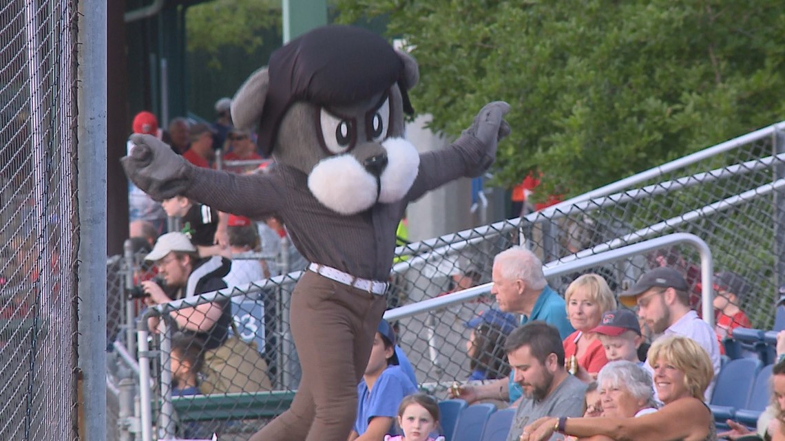 Portland Sea Dogs mascot, Slugger, races a young fan around the