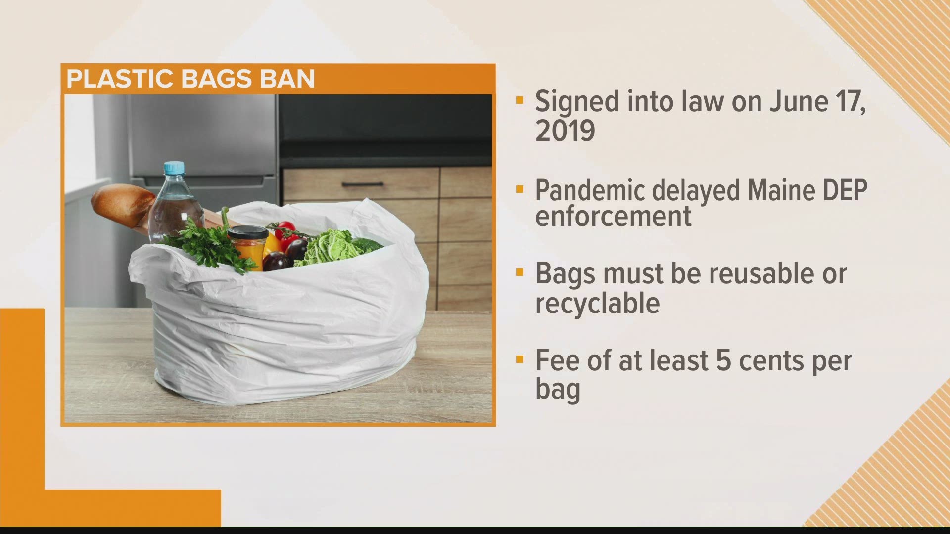 Maine retailers are no longer allowed to give out single-use plastic bags or polystyrene foam disposable food containers in most cases, as of July 1, 2021.