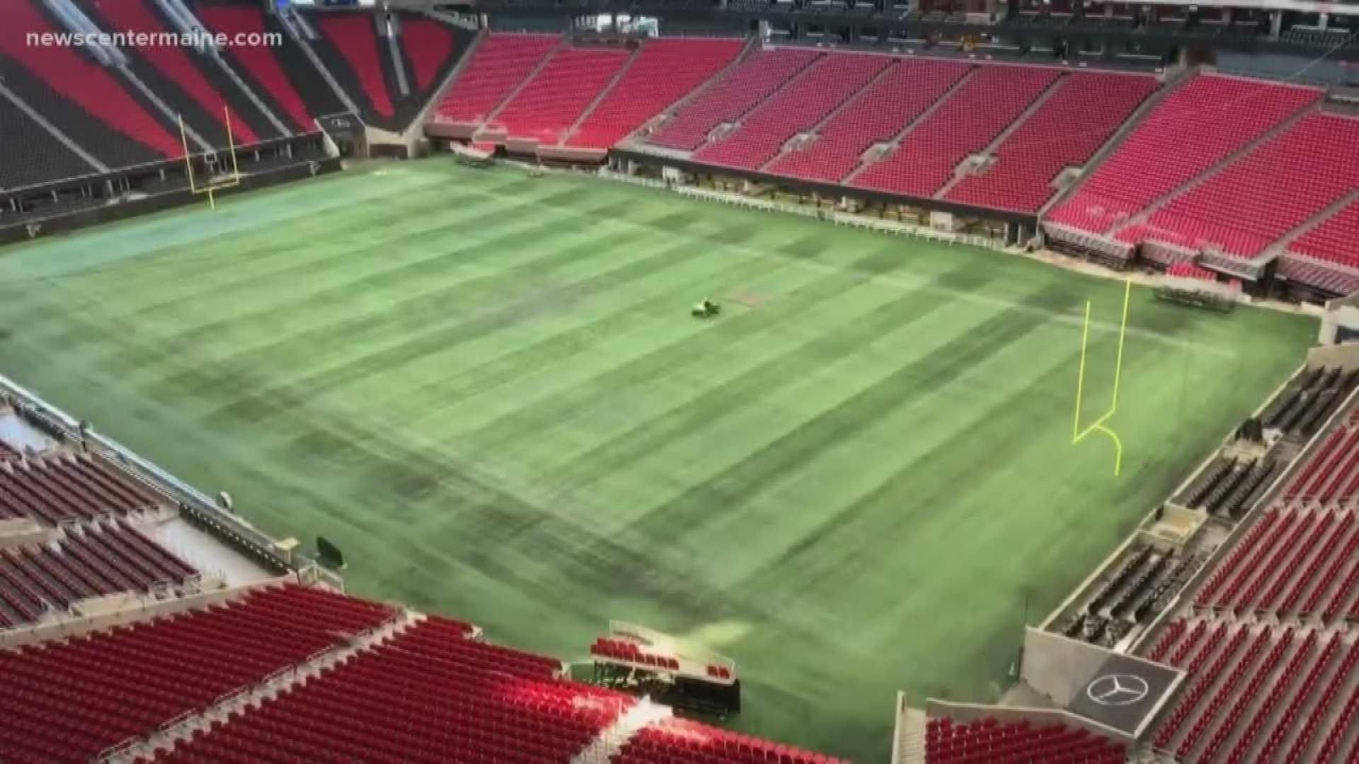 A Newcastle man helped prepare the playing surface at the stadium before the Patriots and the Rams face off in Super Bowl LIII.