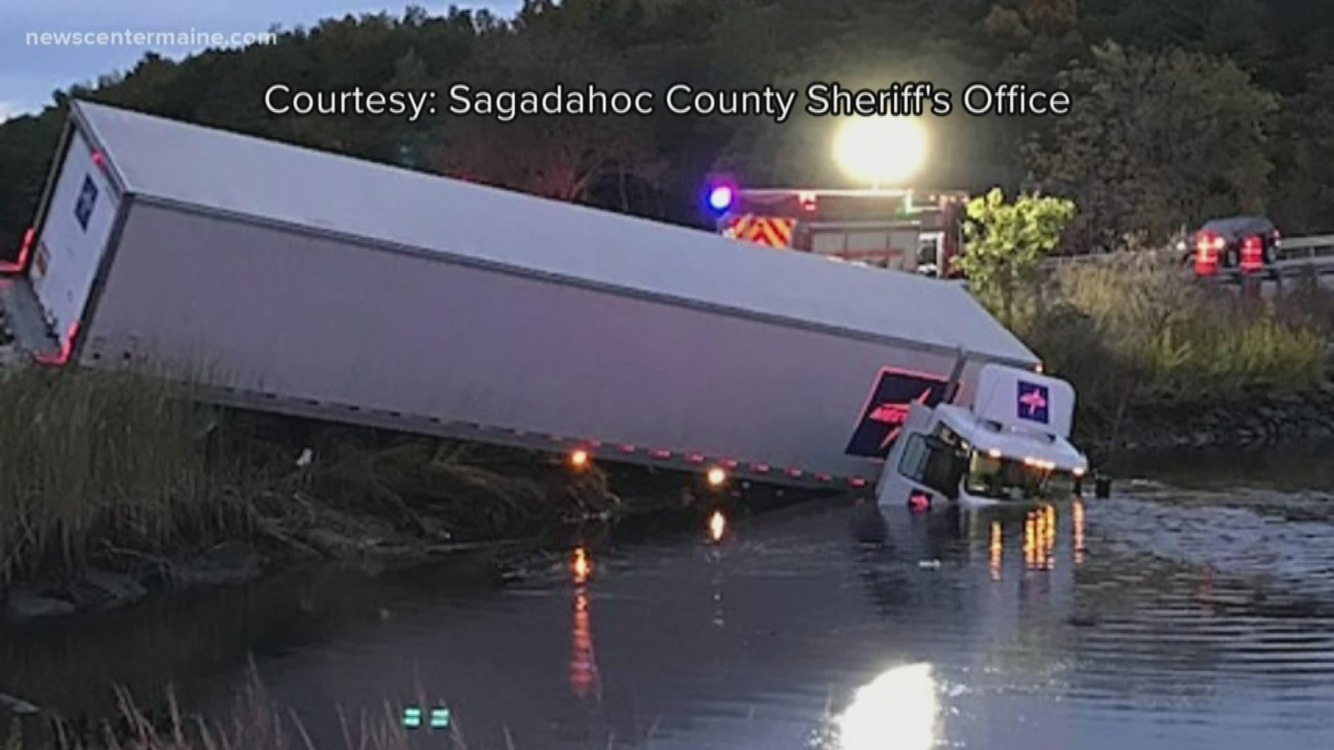 A tractor trailer went off the road and into the water in Woolwich.
