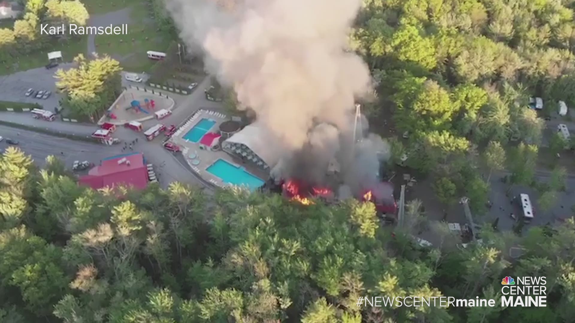 Karl Ramsdell captured drone footage of the fire at Bayley's Camping Resort in Scarborough Tuesday evening.