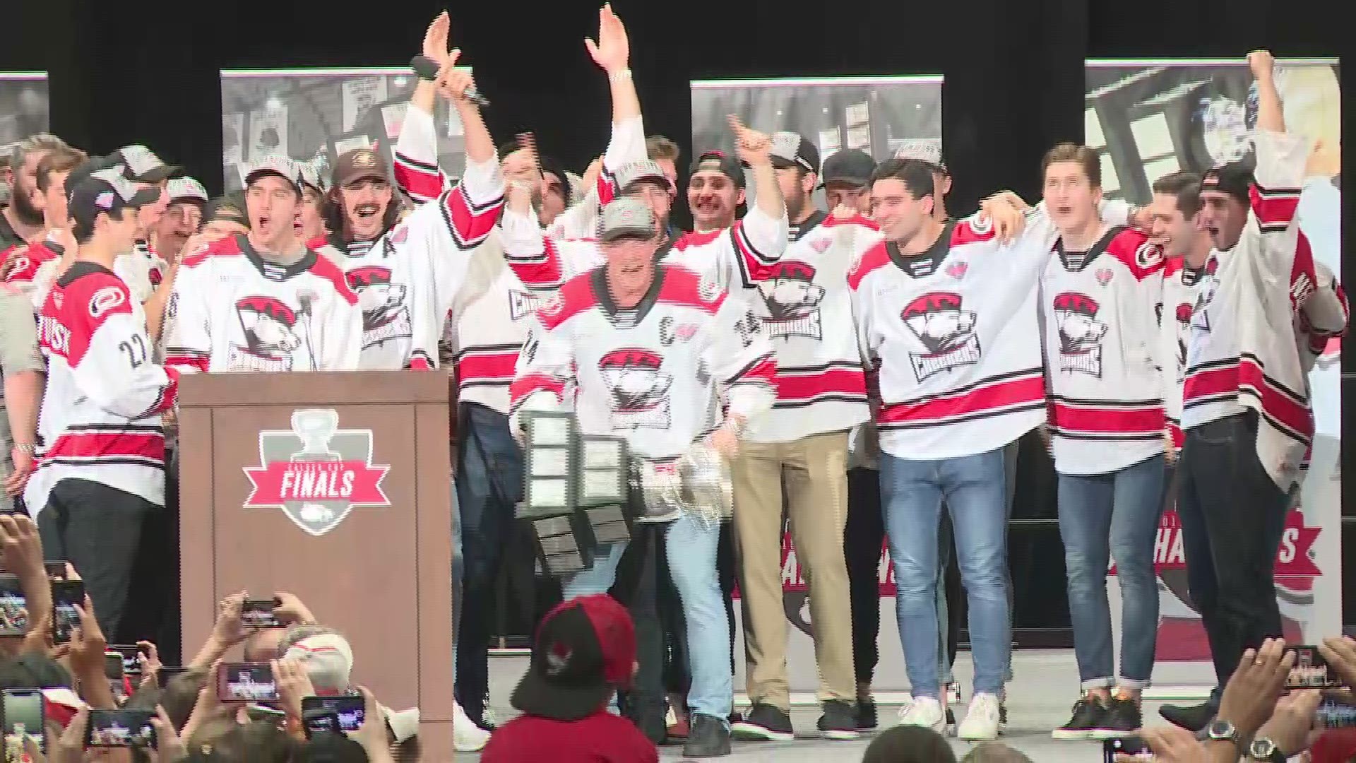 Former UMaine Black Bear Dan Renouf joins his teammates on the Charlotte Checkers in a celebration of their Calder Cup championship in Charlotte, N.C. on June 10, 2019.