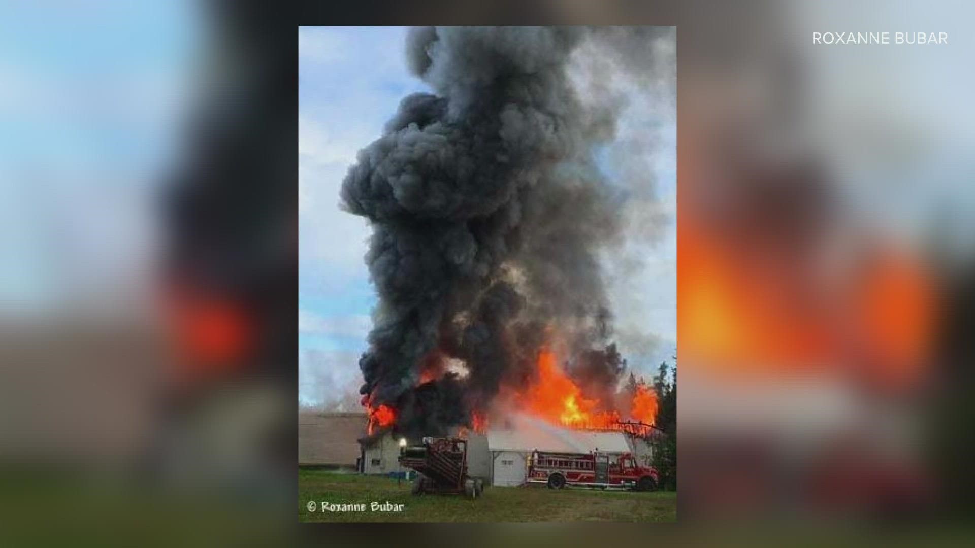 Six area fire departments responded. The building contained bulk paper products, as well as large amounts of equipment, all of which are also a total loss.