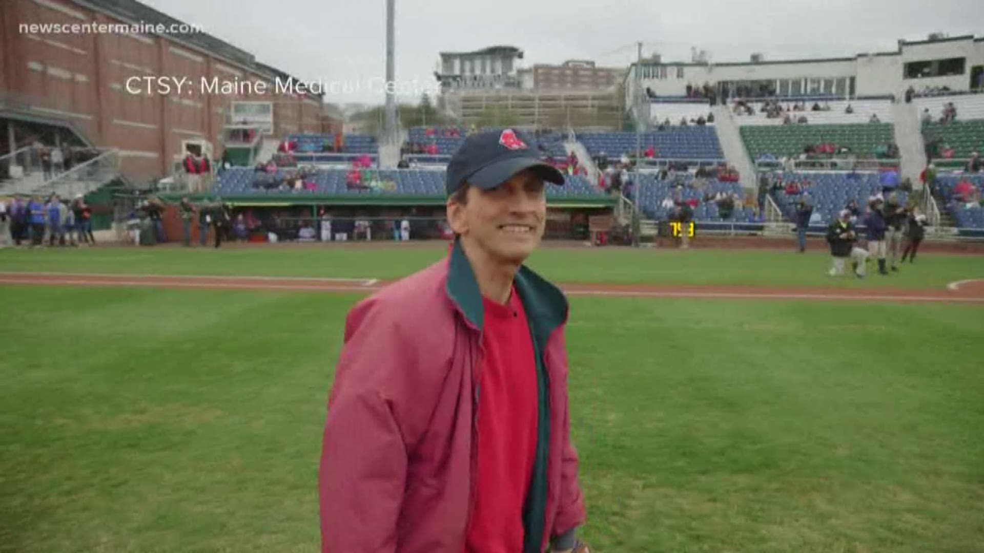 A man from Gorham threw the first pitch at a Portland Sea Dogs game to mark Stroke Awareness Month.