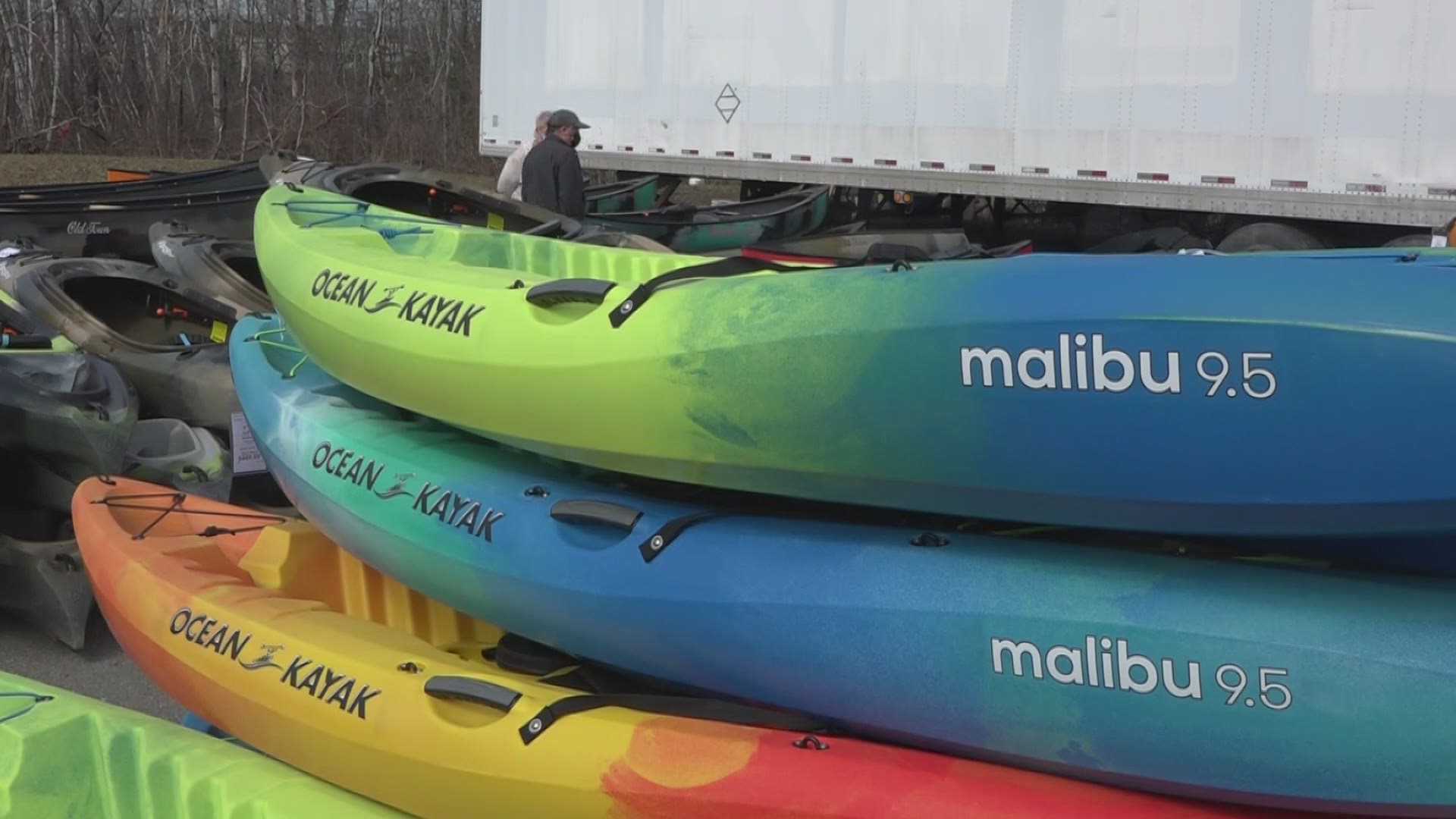 People lined up in Bangor for the annual annual Old Town Canoe and Kayak Scratch and Dent Sale.