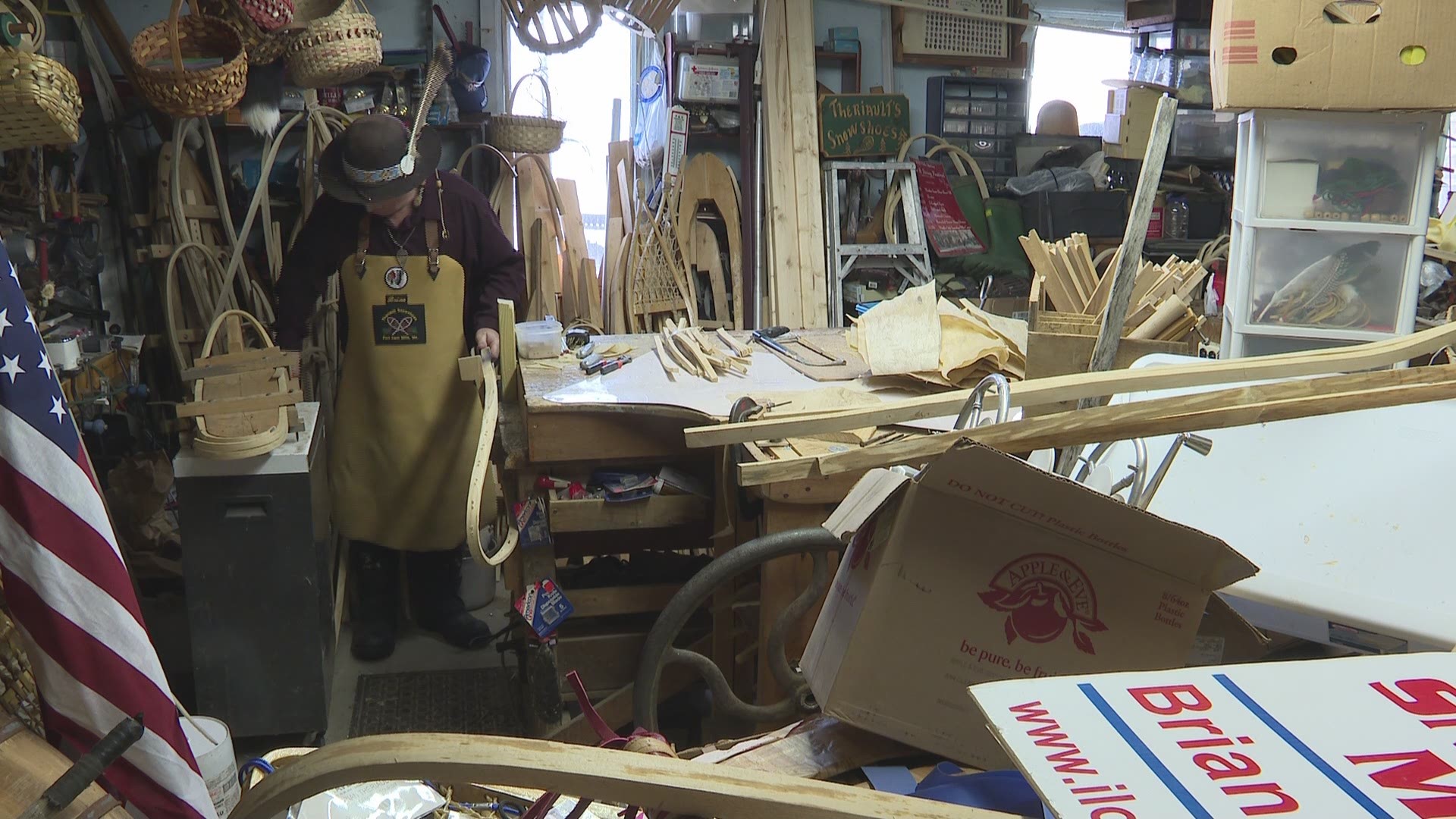 Brian Theriault and his father, Edmond, have been selling wooden snowshoes for 25 years. The two started crafting with cowhide and brown ash 50 years ago.