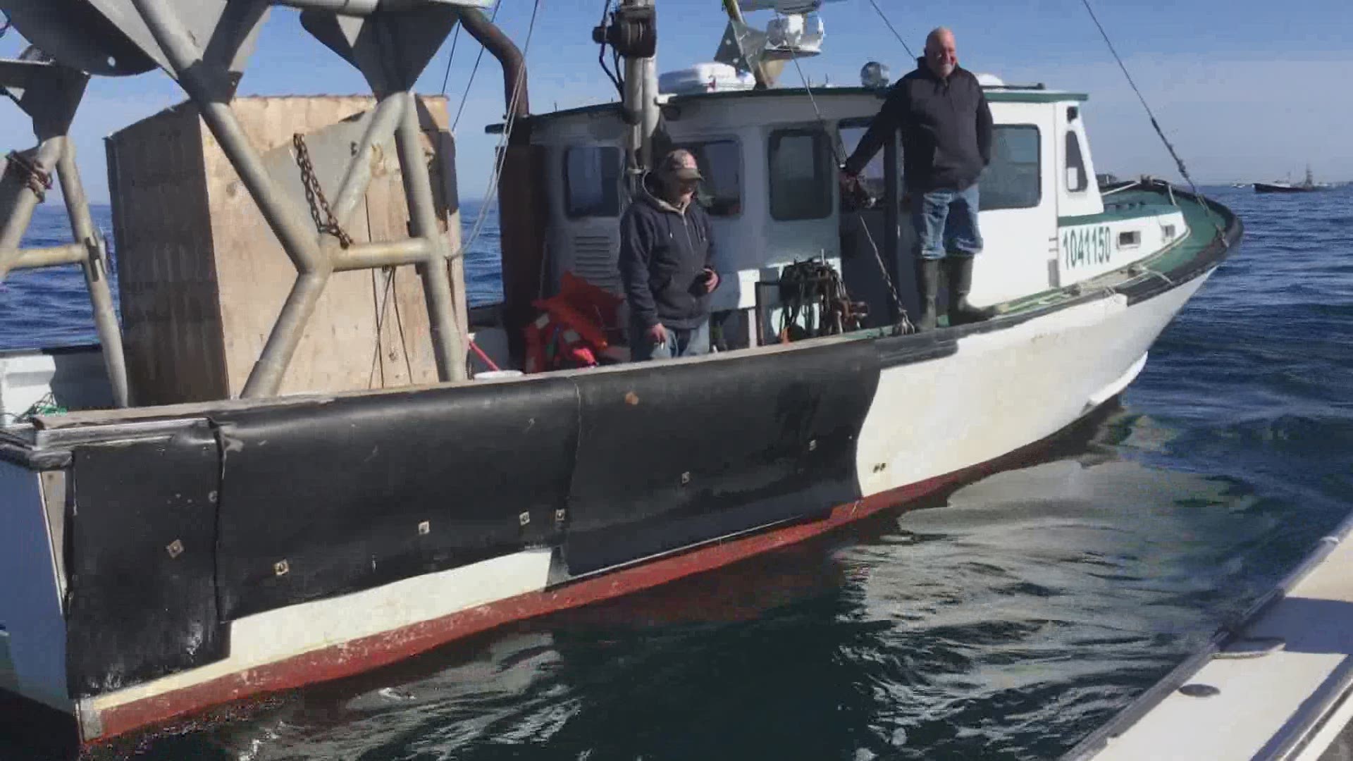 Dozens of Maine lobstermen were out on the water to protest plans to build a floating offshore wind turbine near Monhegan Island.