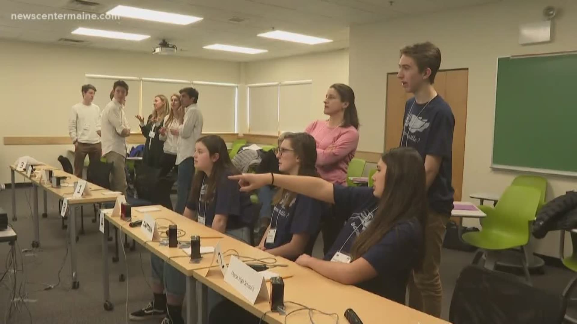 High school students from eleven schools in Maine and New Hampshire compete in a quiz-style game over their knowledge of oceanography.