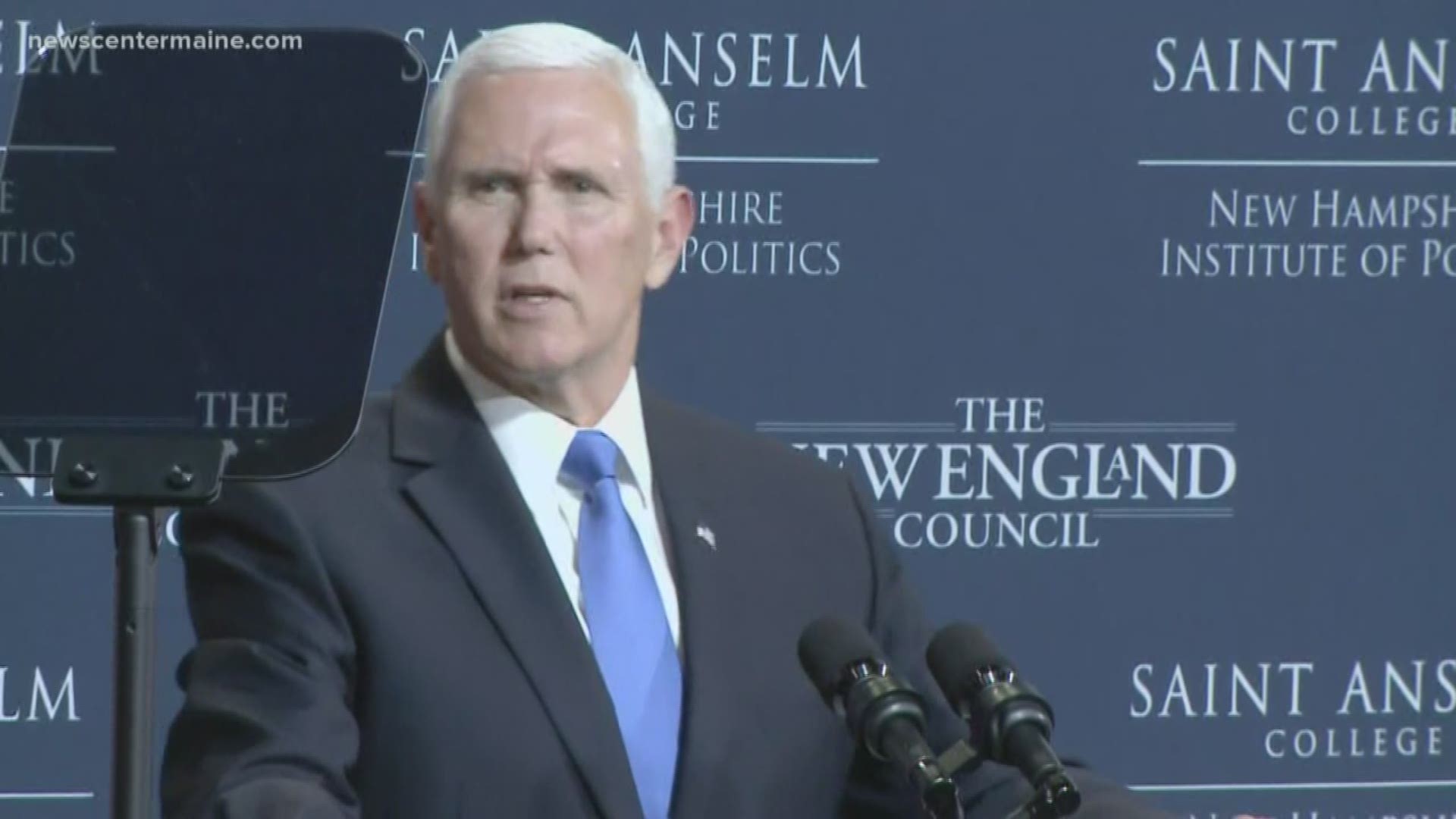 Pence spoke at the New Hampshire Institute of Politics at Saint Anselm College.