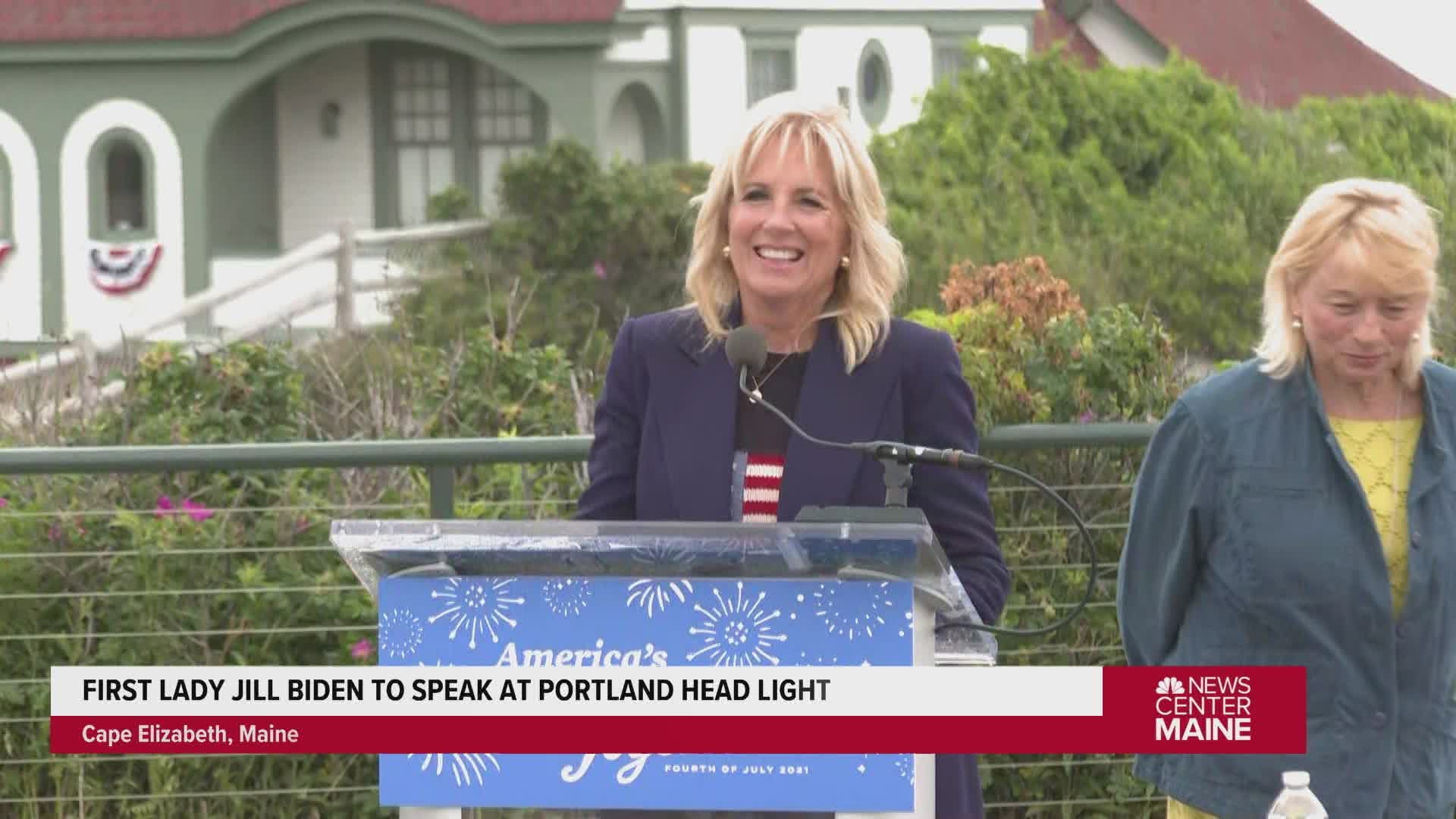 First Lady Dr. Jill Biden speaks at Portland Head Light touting "America's Back Together" tour after the COVID pandemic