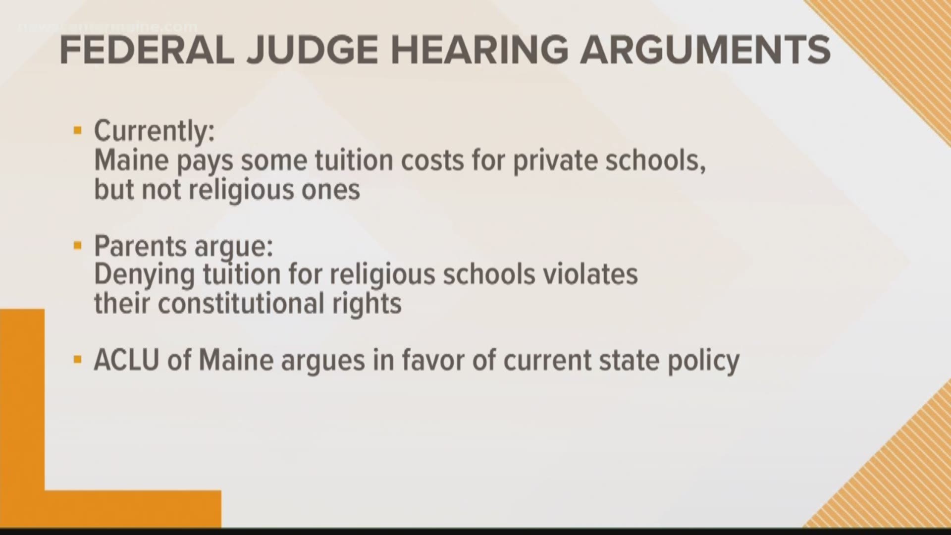A small group of Maine parents say in Federal Court that the state should pay tuition for some students to attend religious schools.