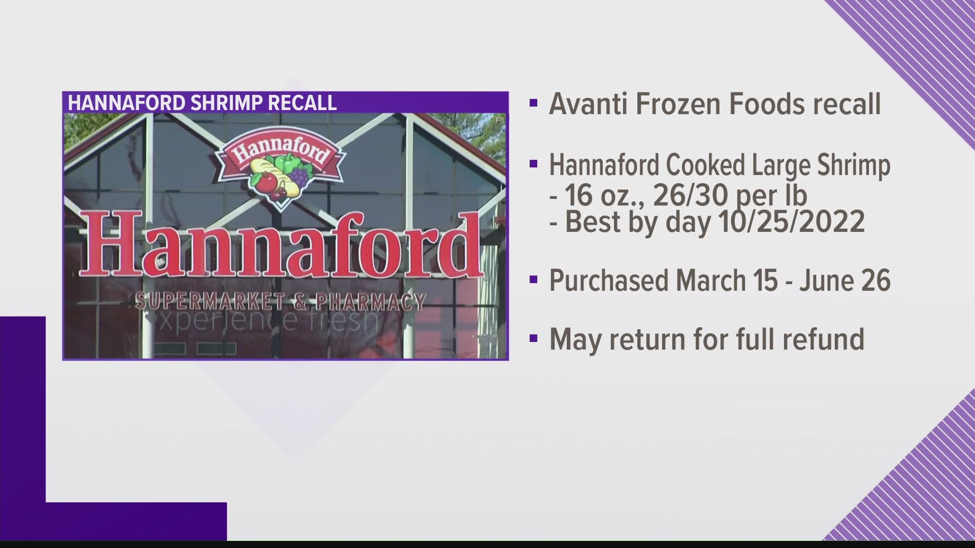The impacted shrimp product is labeled Hannaford Cooked Large Shrimp. 16 Oz.-26/30 Per Lb., with a best by date of 10/25/2022.