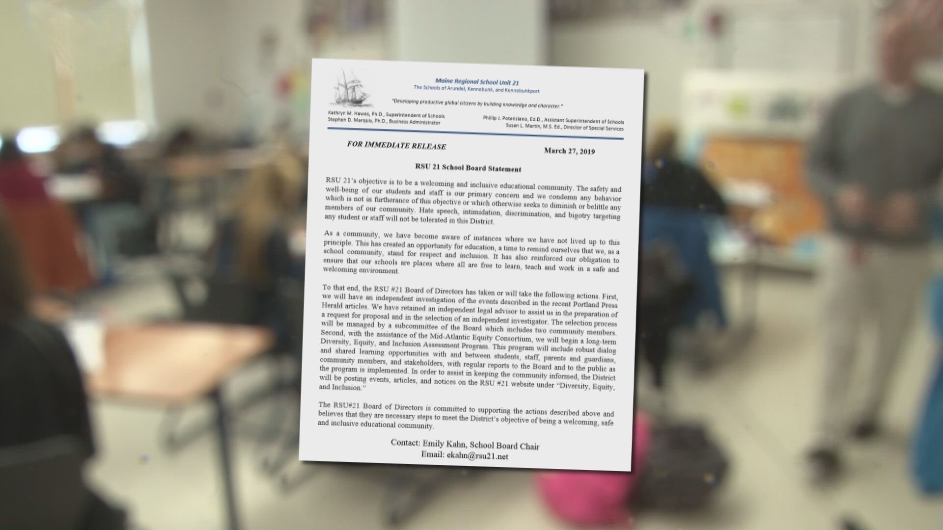 The detailed statement released Thursday by the school board say they plan to investigate claims of racism at Kennebunk High School made to Portland Press Herald in February.