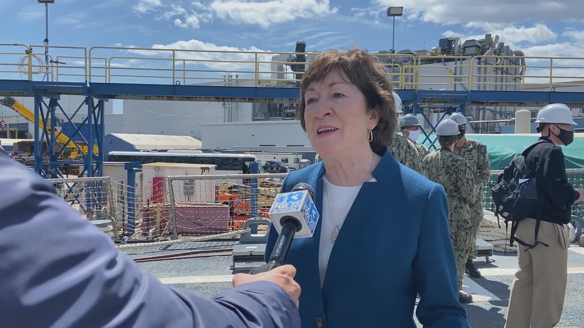 During a visit to BIW on Monday, Sen. Susan Collins talked about efforts by House Republicans to remove Wyoming Rep. Liz Cheney from her leadership role.