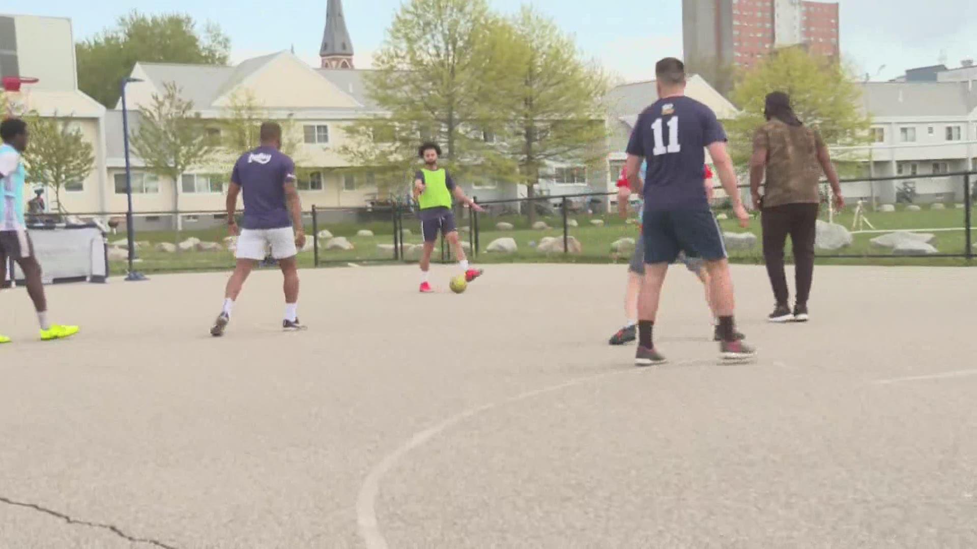 Jon Cross and Hany Ramadan are organizing pick-up street soccer on a basketball court, bringing some of Maine's aspiring and veteran players to the game.