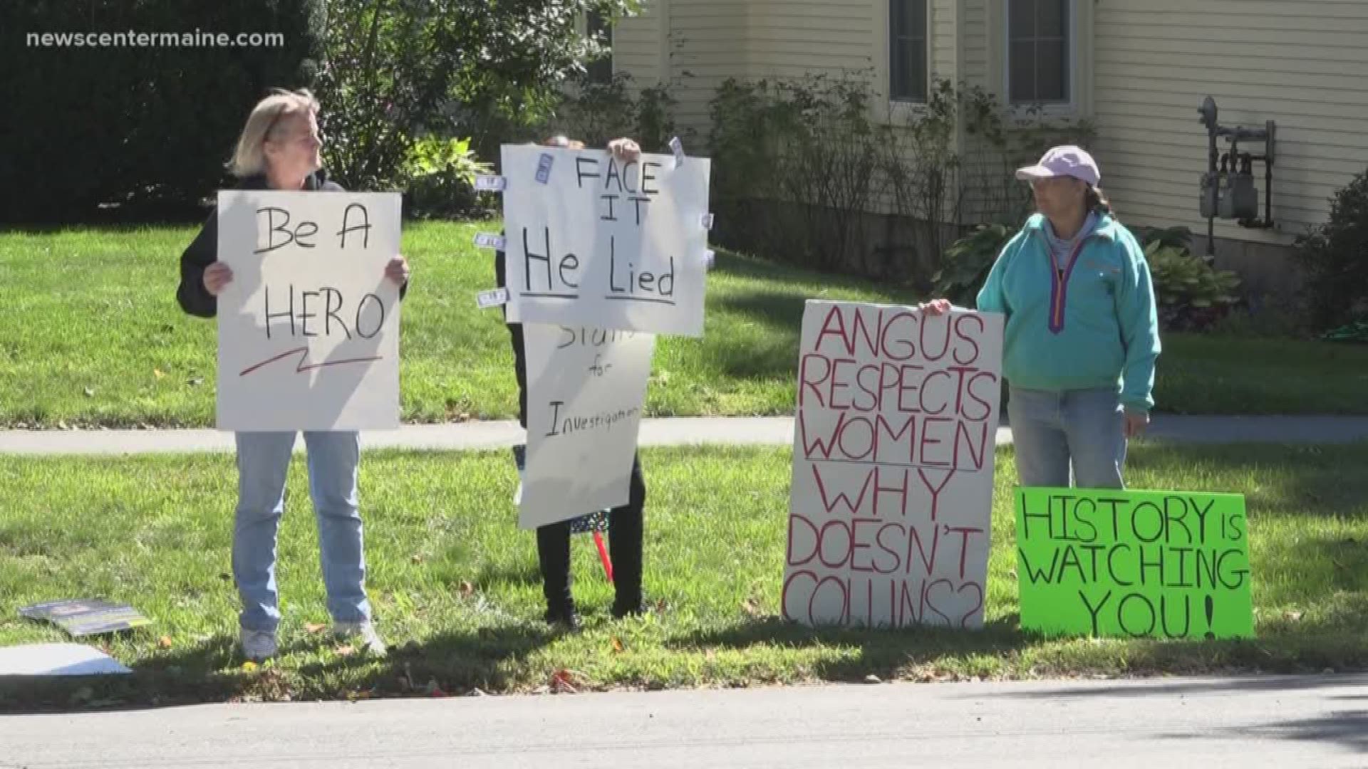 Kavanaugh protestors gather outside Senator Collins home