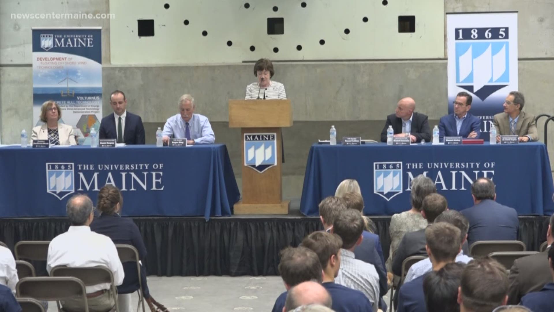 Maine Senators Susan Collins and Angus King visited UMaine Friday to tour a new floating wind turbine demo project.