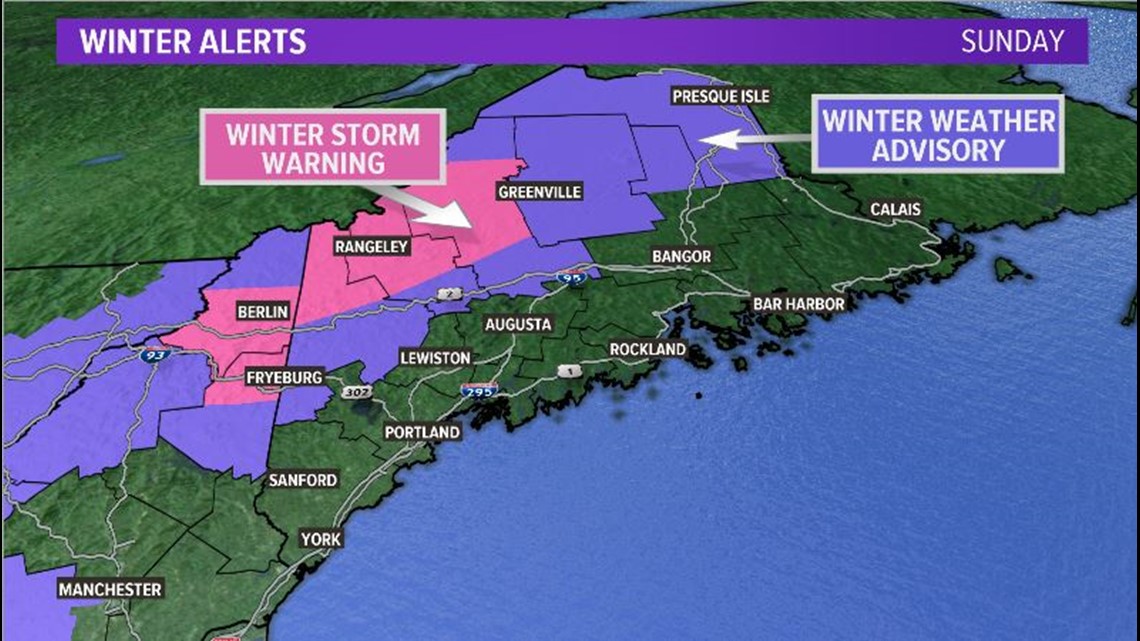 Snowy Sunday, winter storm warnings in Maine