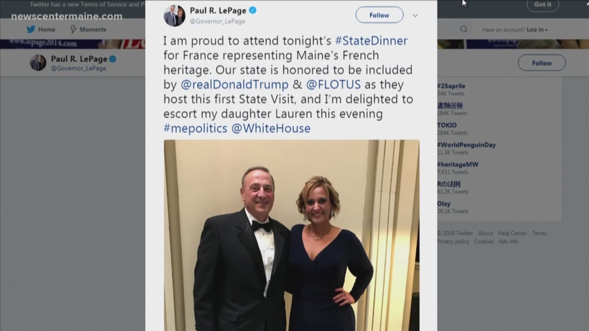 Governor LePage attends state dinner
