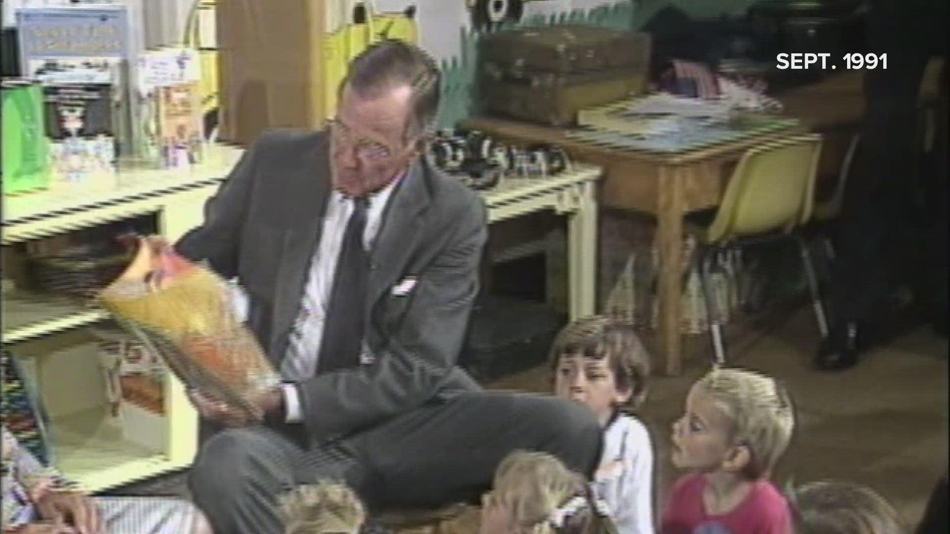 Kindergarteners listened in rapt attention as Pres. George H.W. Bush read "The Big Hungry Bear" on the first day of class at Farwell Elementary School in Lewiston on Sept. 3, 1991.