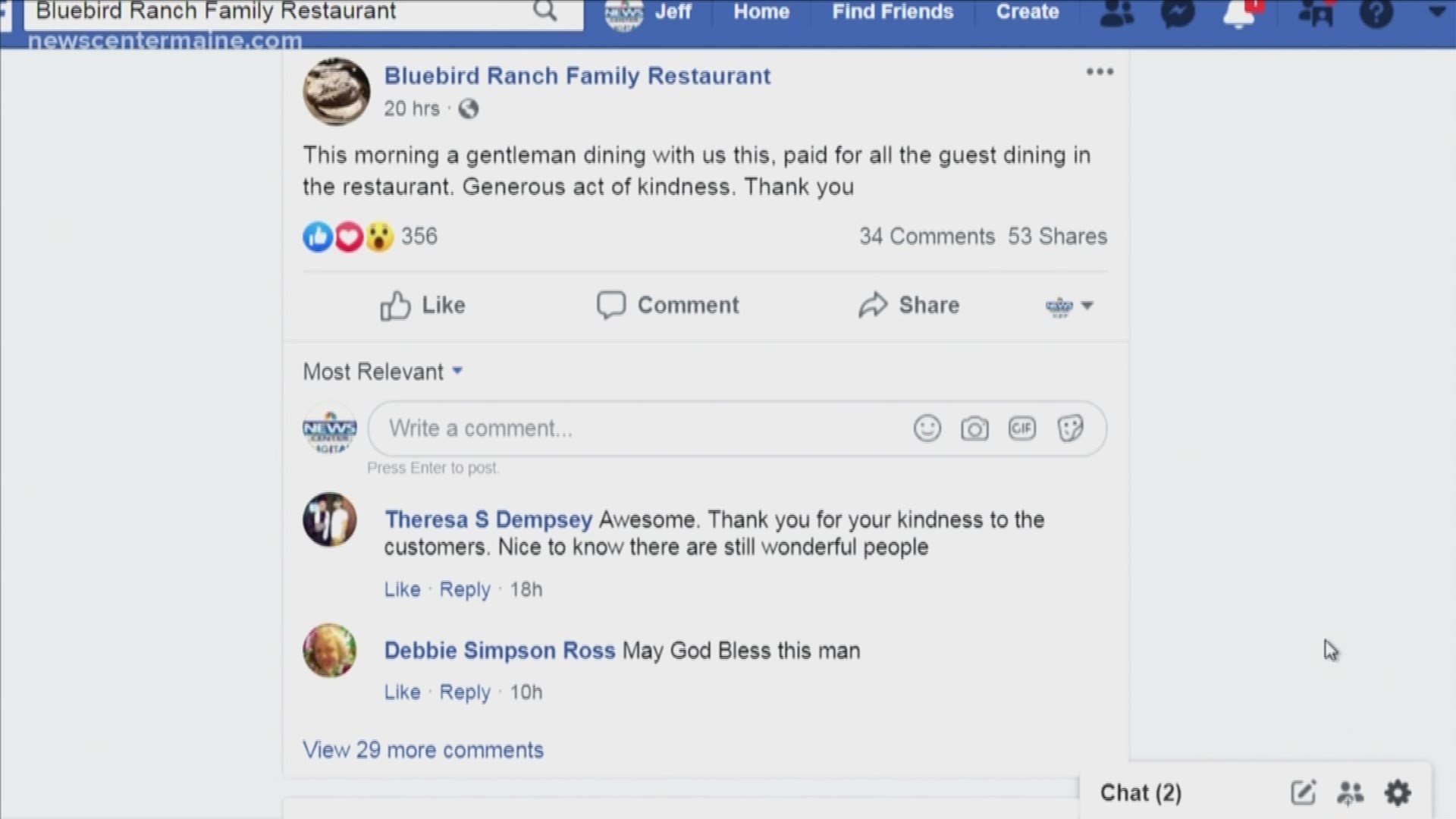 A generous customer paid it forward by buying breakfast for everyone at the Bluebird Ranch Family Restaurant in Machias on Monday morning.
