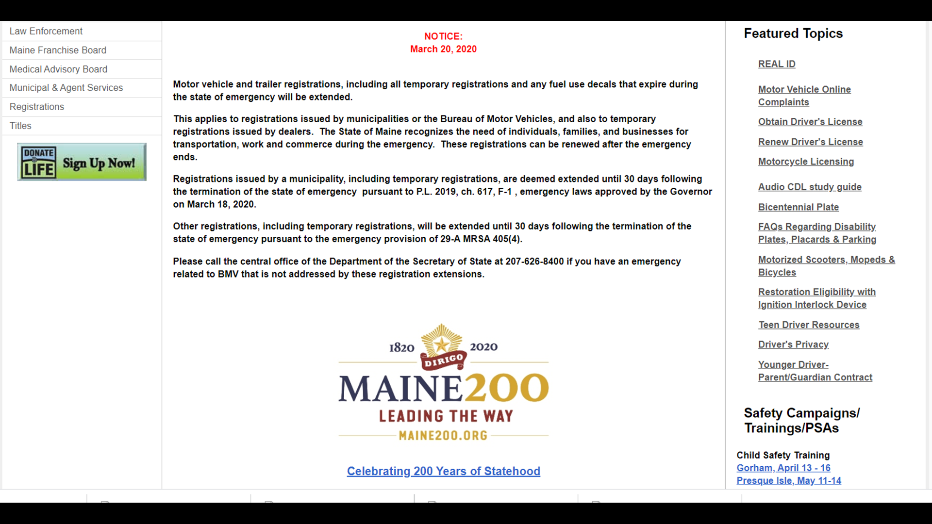 Maine motor vehicle registrations are extended