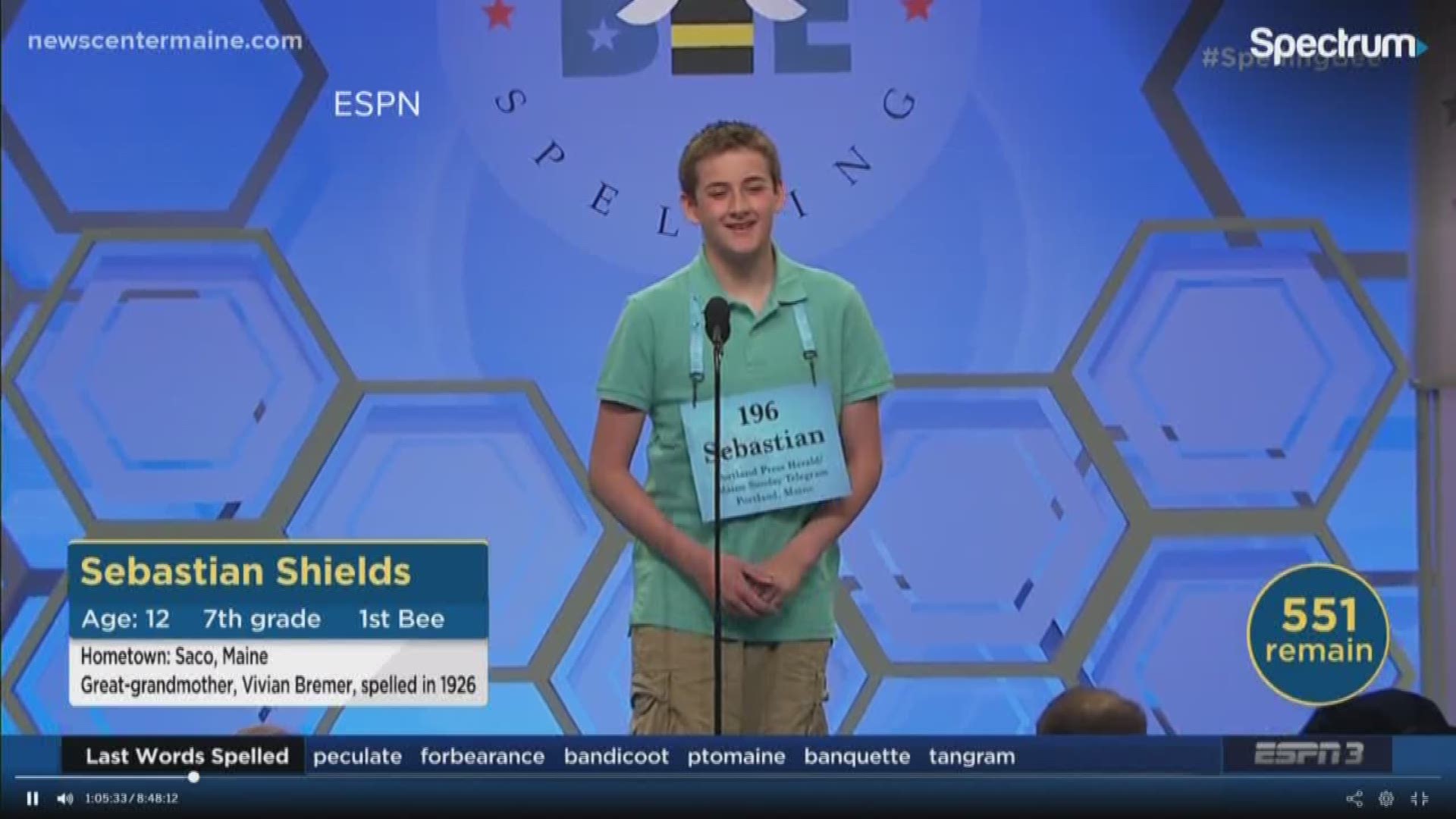 Sebastian Shields from Saco Middle School advanced twice in the Scripps National Spelling Bee in Washington, D.C. before he was eliminated.