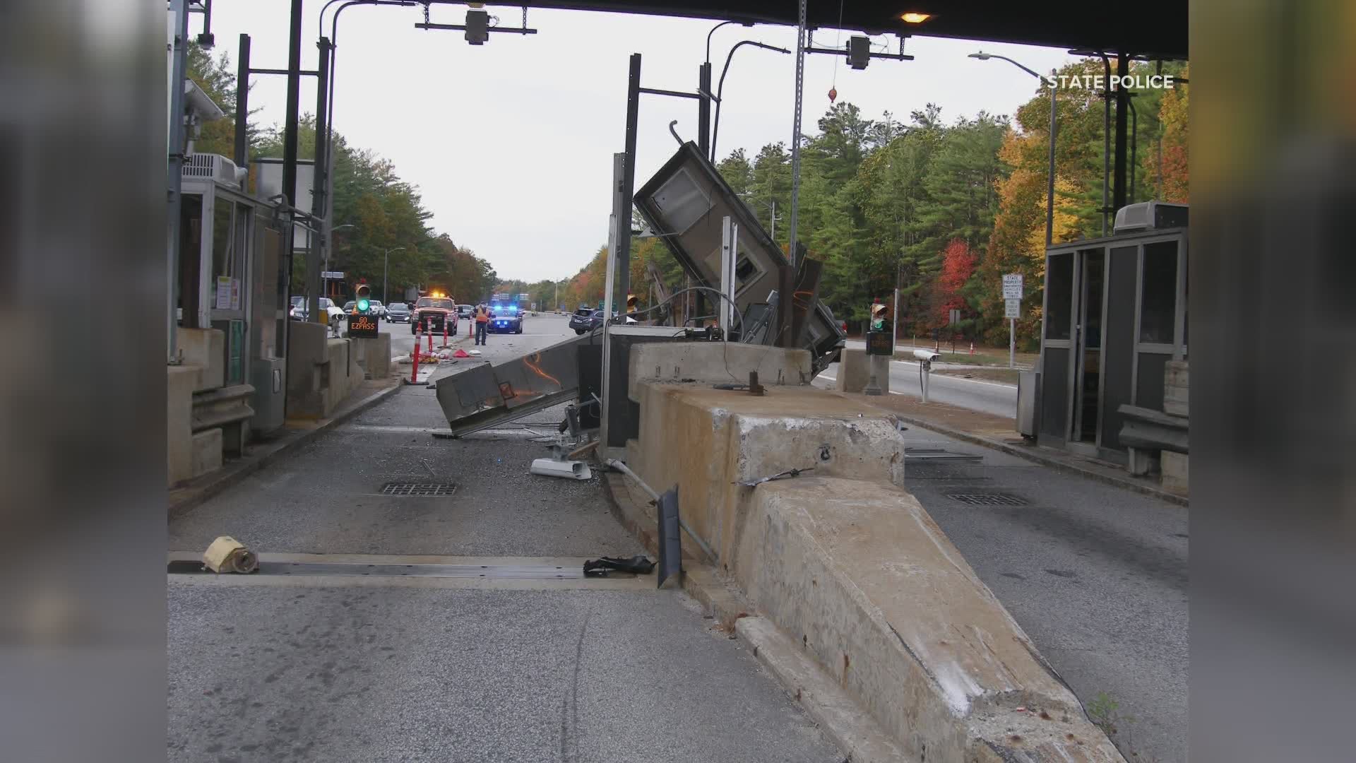 New Hampshire State Police say a woman from Acton Maine drove into a toll booth in Rochester Sunday afternoon.
