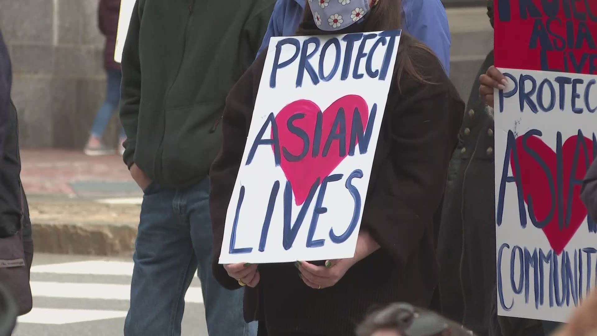 Community leaders and others gathered in front of Portland City Hall on Saturday to discuss their experiences as Asian Americans in the U.S.