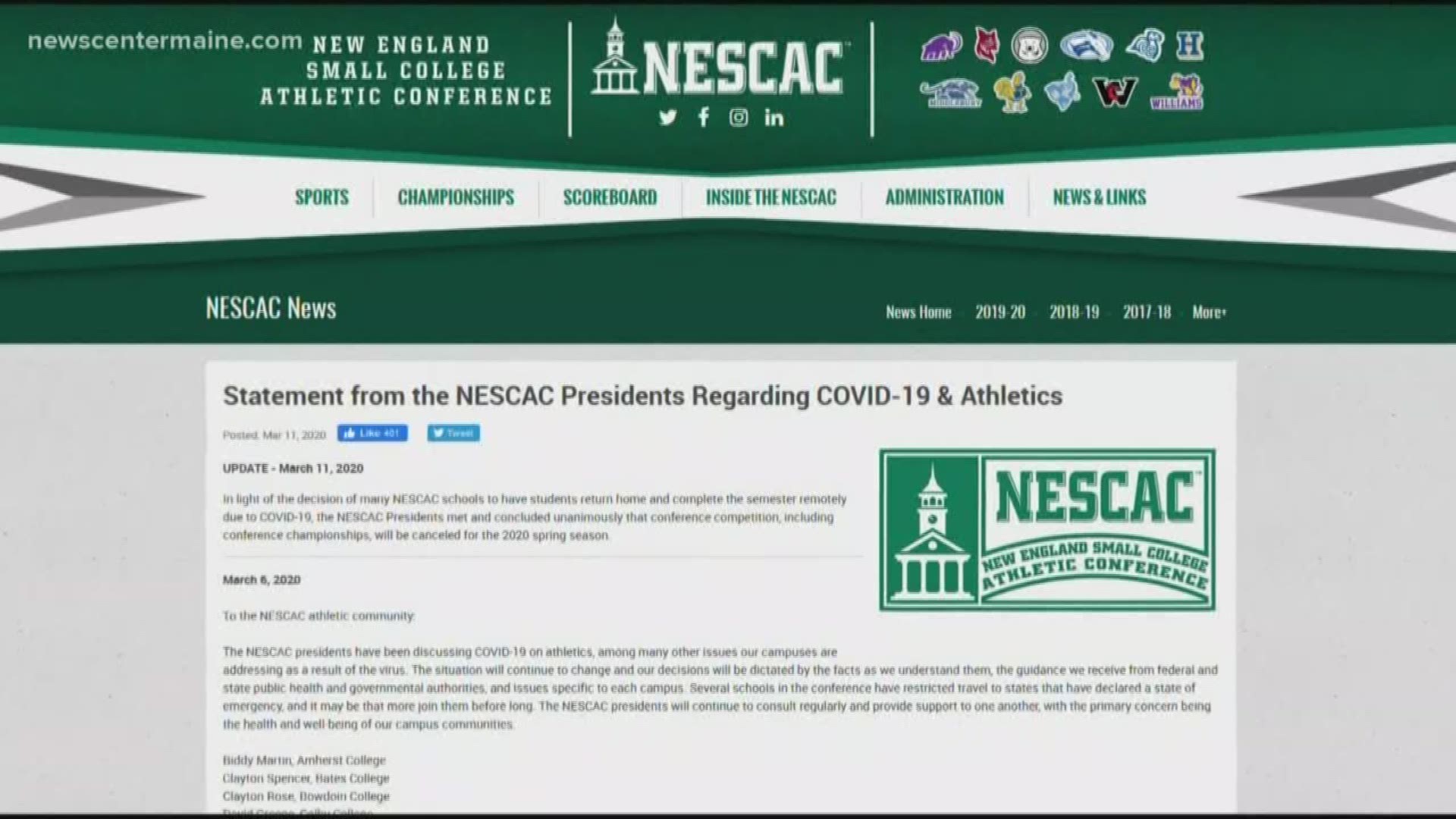 NESCAC cancels spring sports amid coronavirus