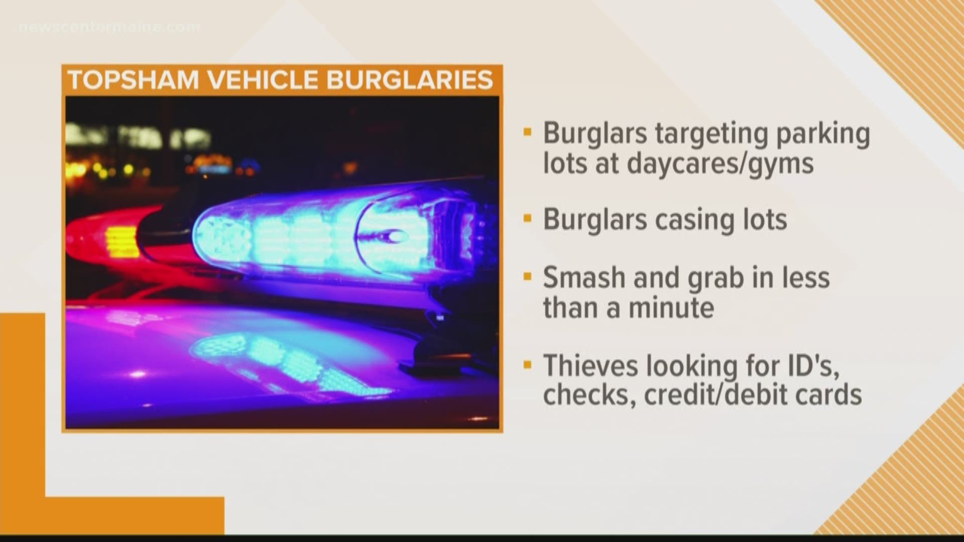 Topsham police are warning people to lock their vehicles and take their valuables with them after a rash of burglaries in the area.
