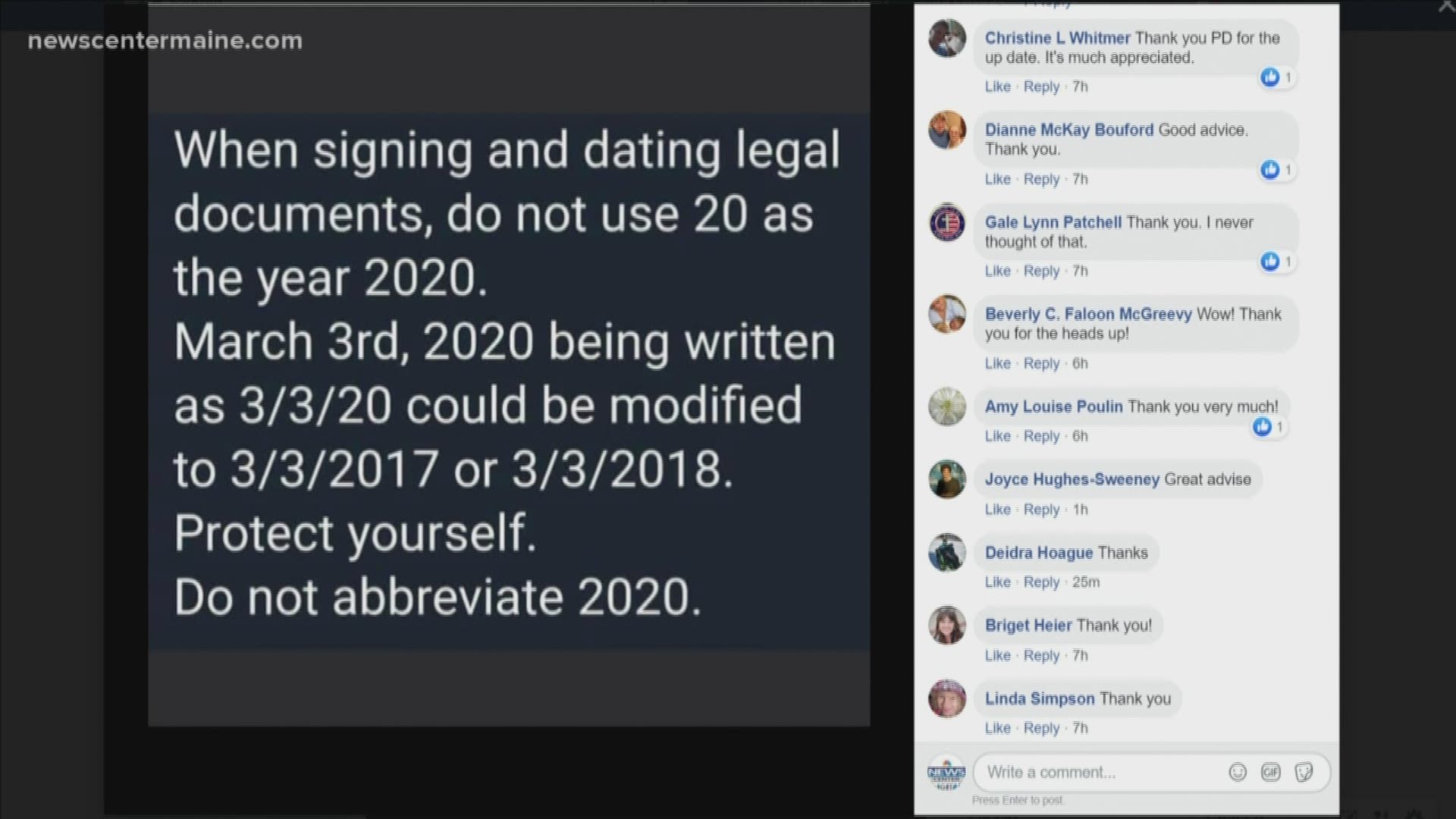 Police warn that you should not abbreviate 2020 when you sign and date important legal documents. Scammers could just add another number after the 20.