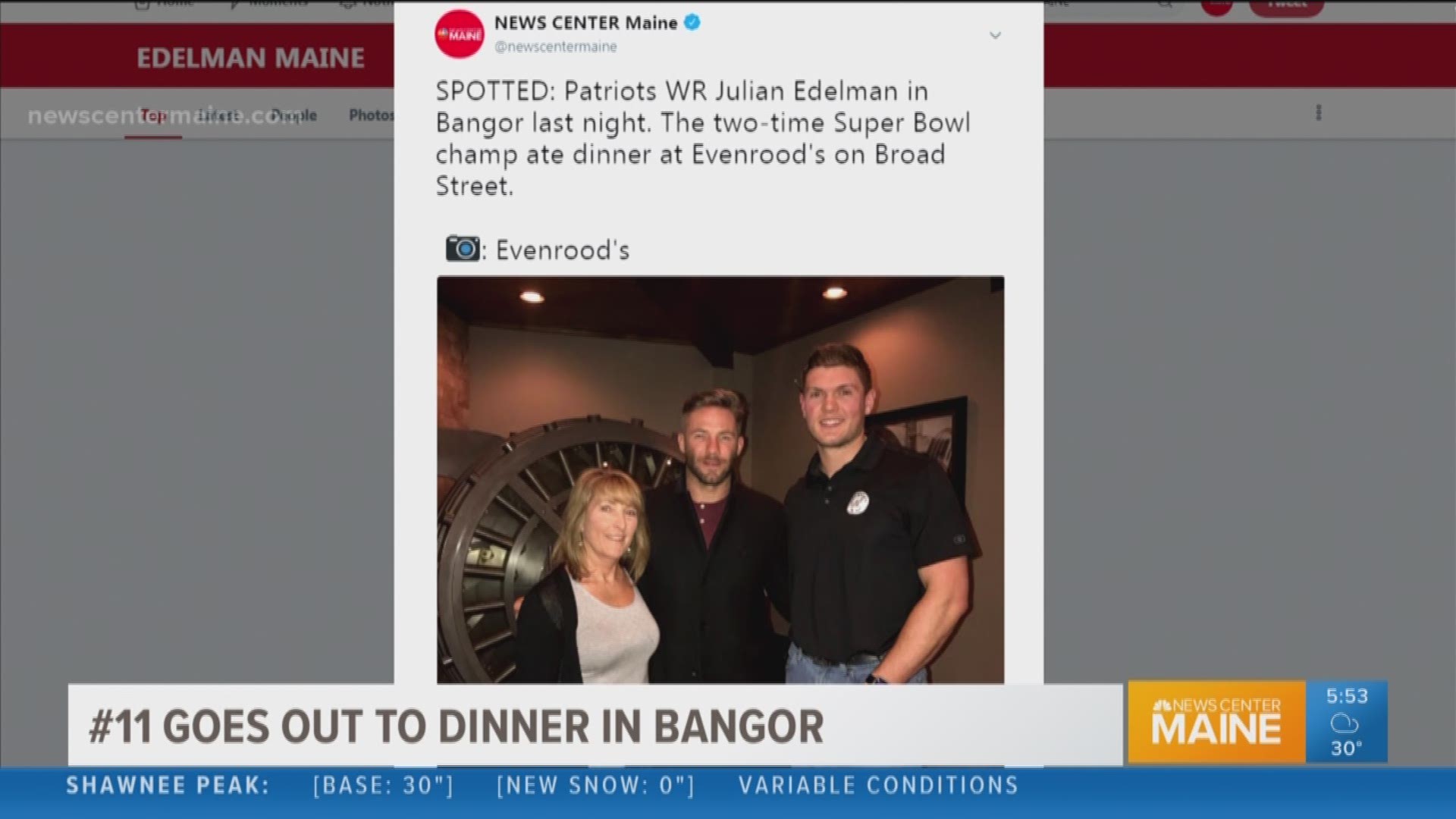 Patriots WR Julian Edelman out in Bangor Wednesday night