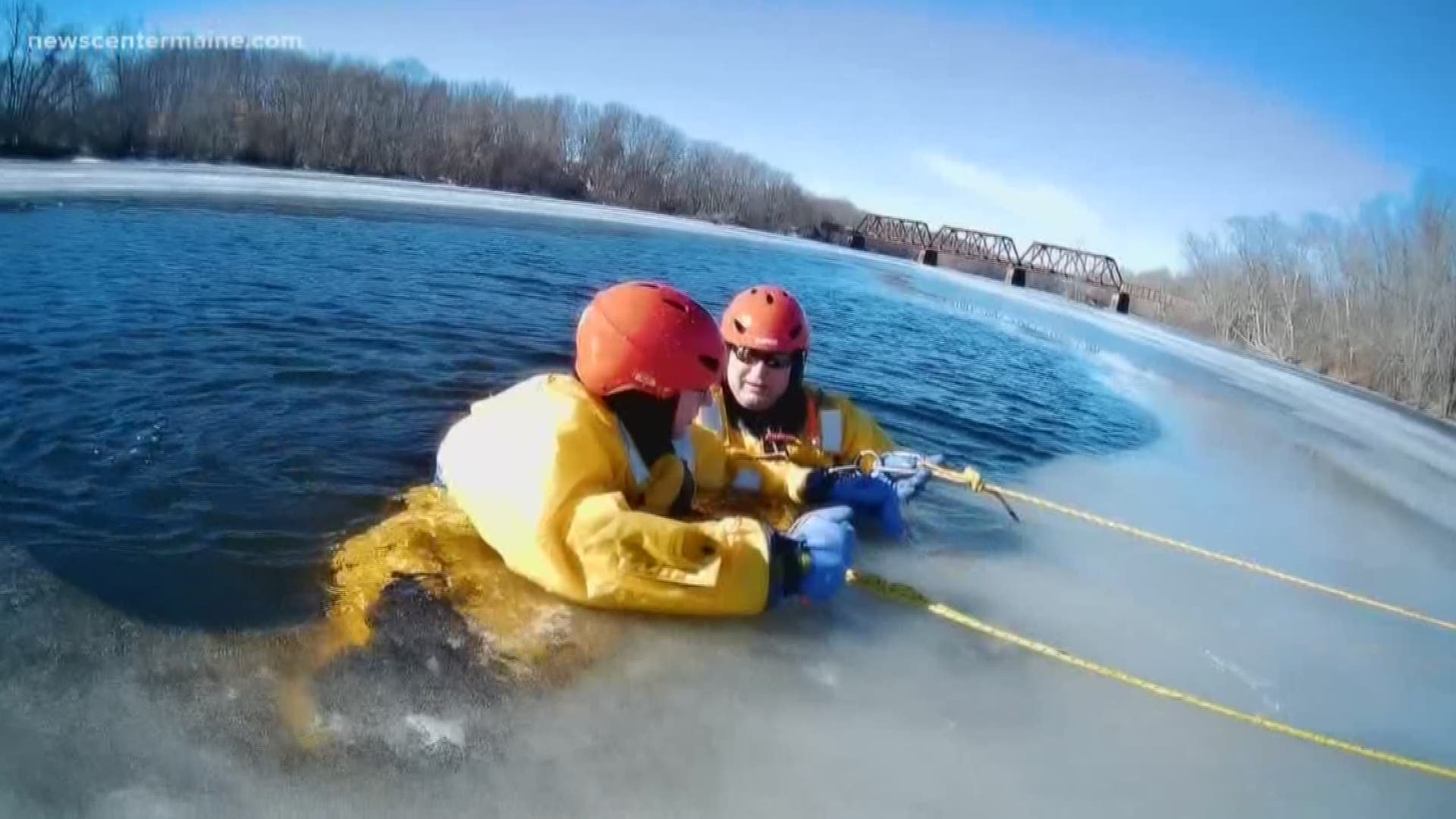 The Biddeford Fire Department conducts ice rescue training on Saco River to prepare for the winter months in Maine.