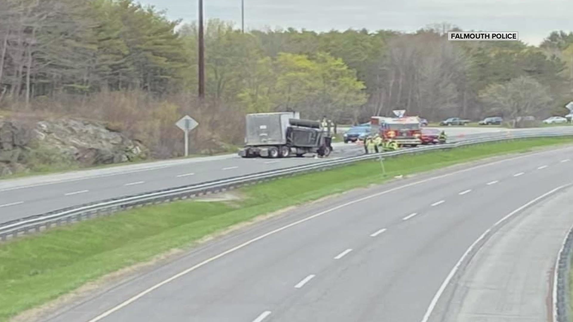 Falmouth public safety dispatch says it happened on the northbound side of 295 at mile 11.   Maine state police and the Falmouth fire department were on scene.