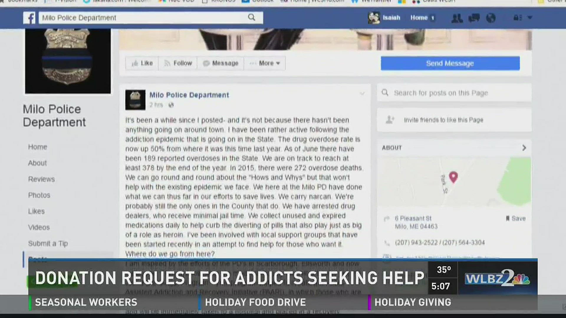 Milo PD asks for donations for addicts who seek help