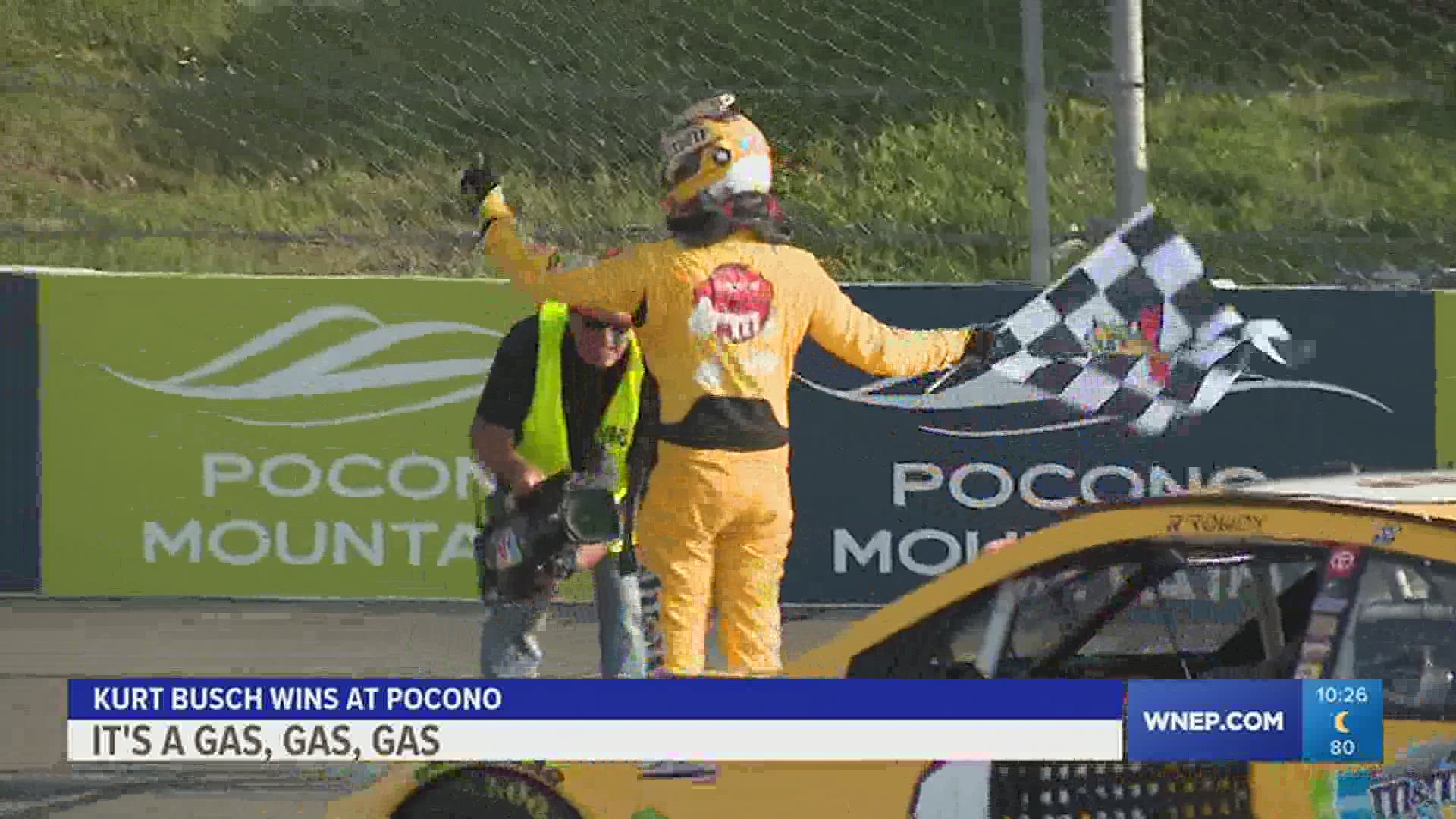 Kurt Busch had enough fuel and luck to win the Pocono Mountains 350 NASCAR race.