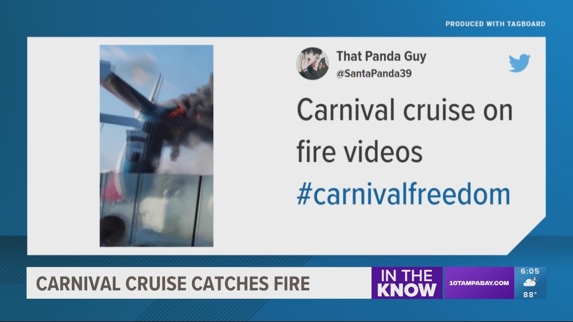 Twitter users shared photos and videos of flames and black smoke billowing from the top of the docked ship.