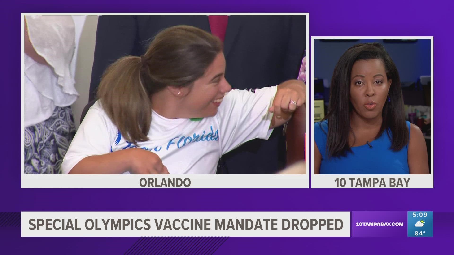 Standing at a podium with a placard that stated “let them compete,” Gov. Ron DeSantis applauded the Special Olympics’ recent decision to drop its vaccine mandate.
