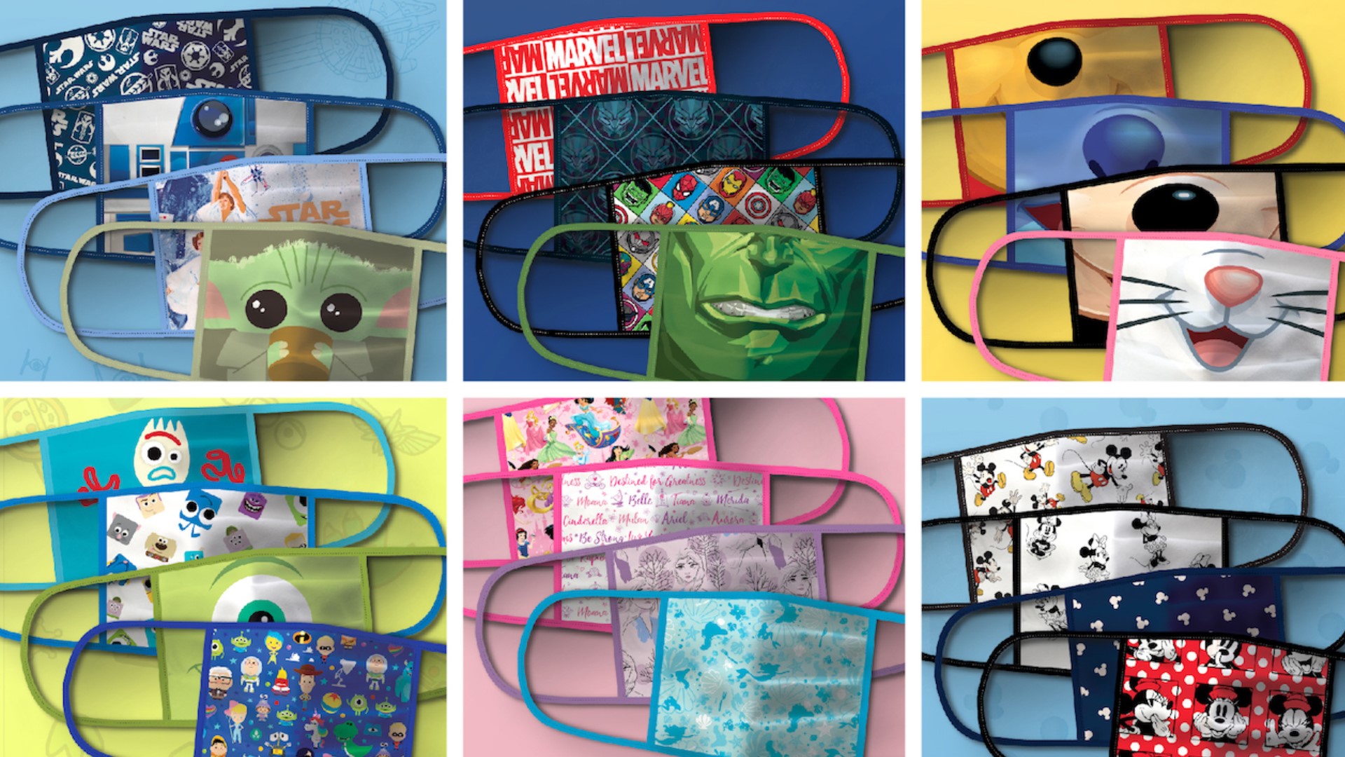 The cloth face masks feature Mickey and Minnie Mouse and characters from Pixar, Star Wars and Marvel films.