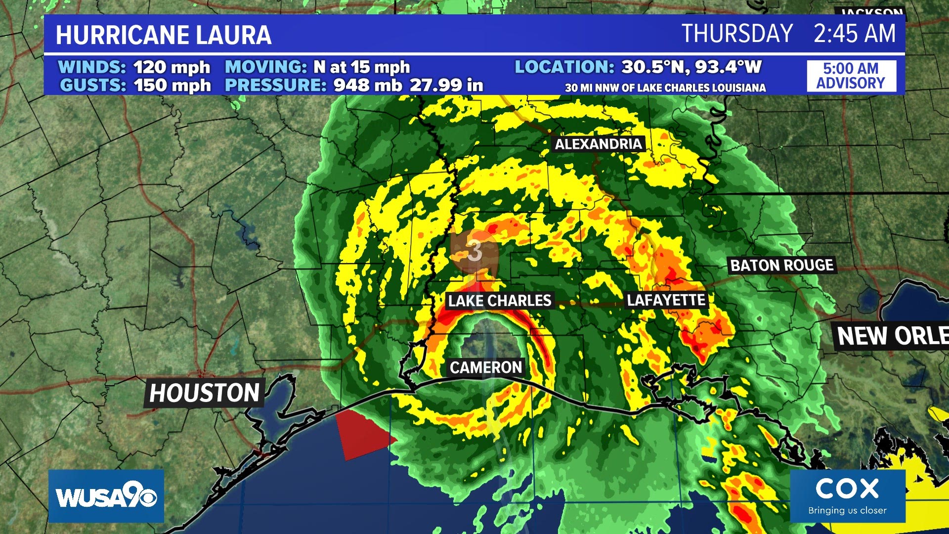 Radar imagery of Hurricane Laura as she made landfall shortly after 2 a.m. on Thu 8-27-2020.